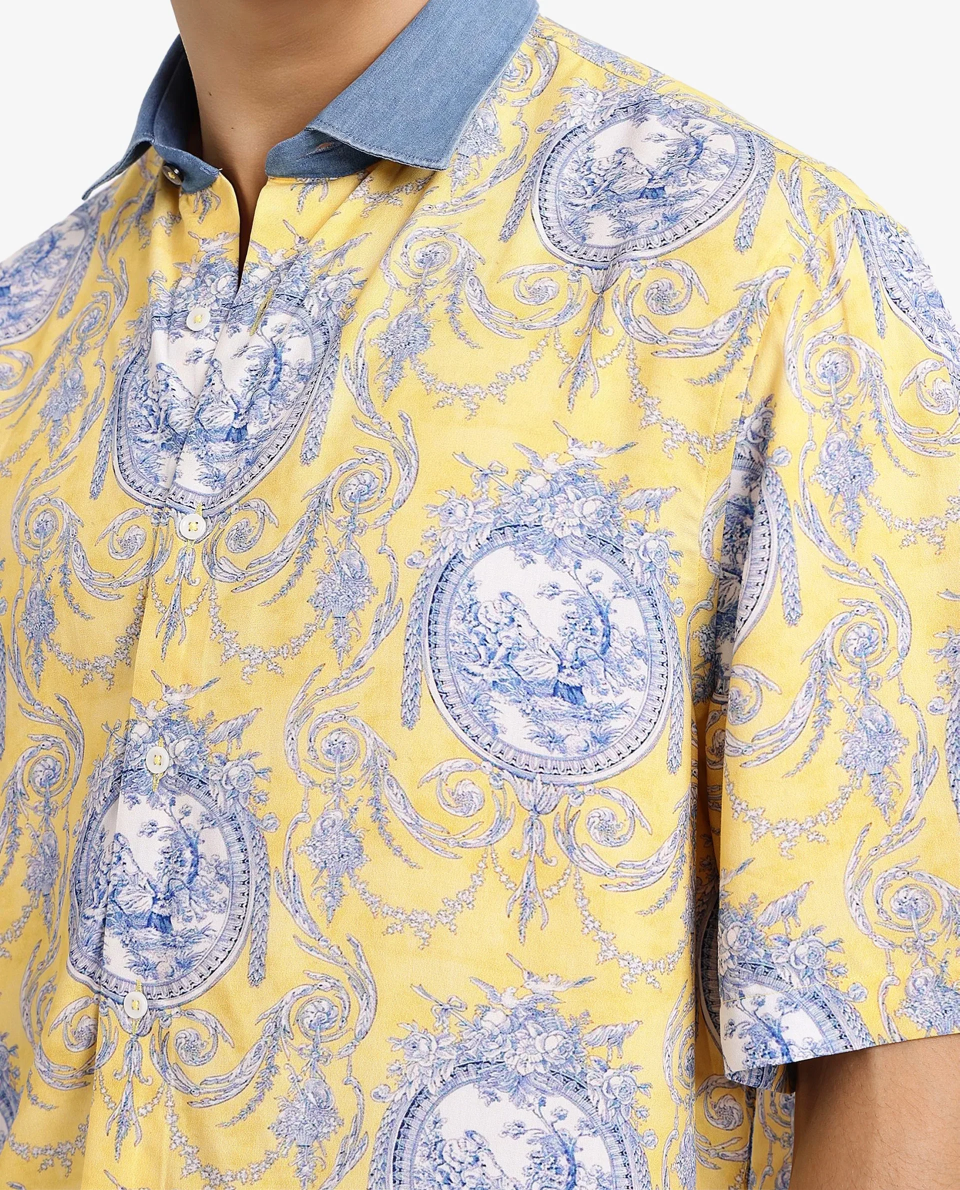Rare Rabbit Men's Meridin Ss Yellow Viscose Decorative Print Boxy Fit Half Sleeve Collared Shirt - Image 6
