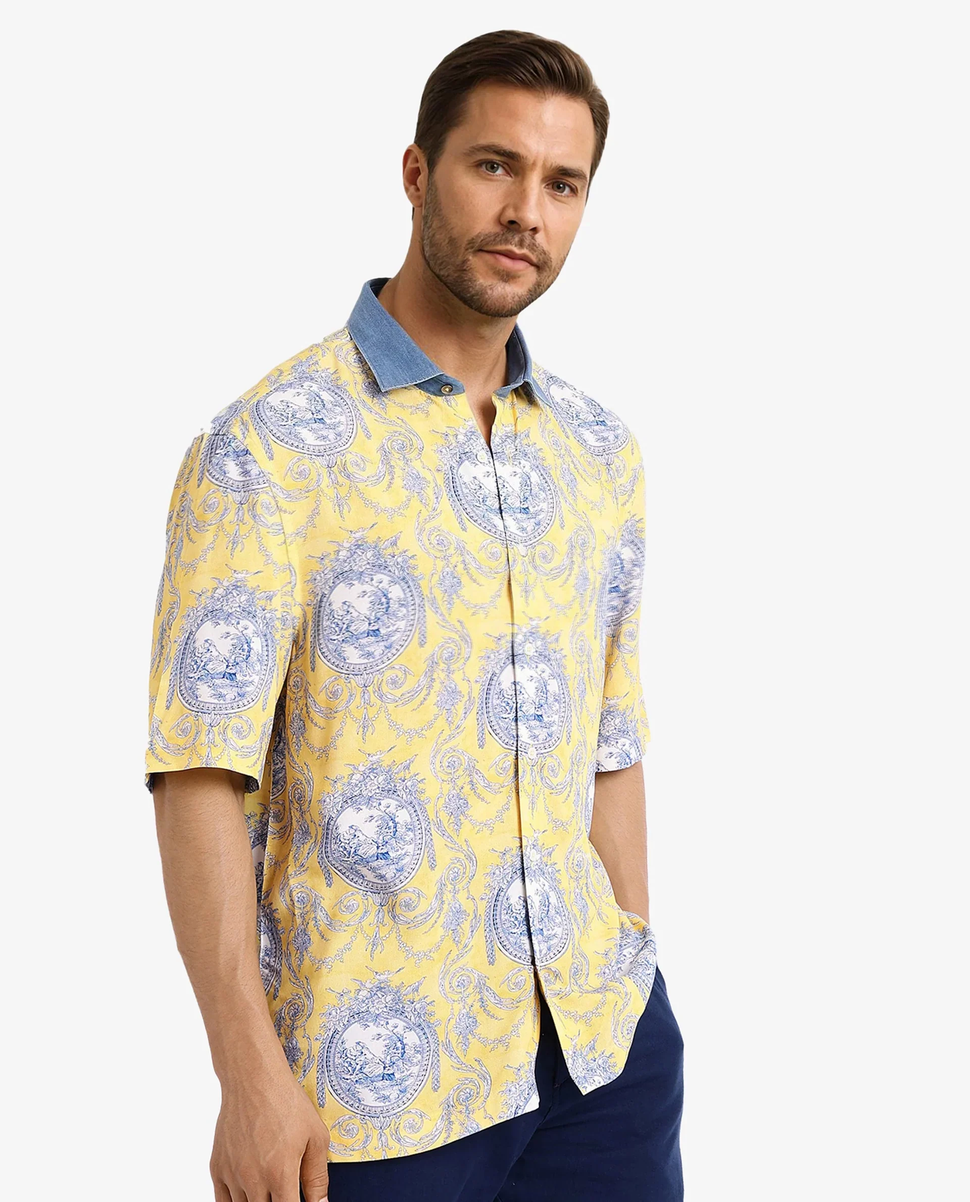Rare Rabbit Men's Meridin Ss Yellow Viscose Decorative Print Boxy Fit Half Sleeve Collared Shirt - Image 7