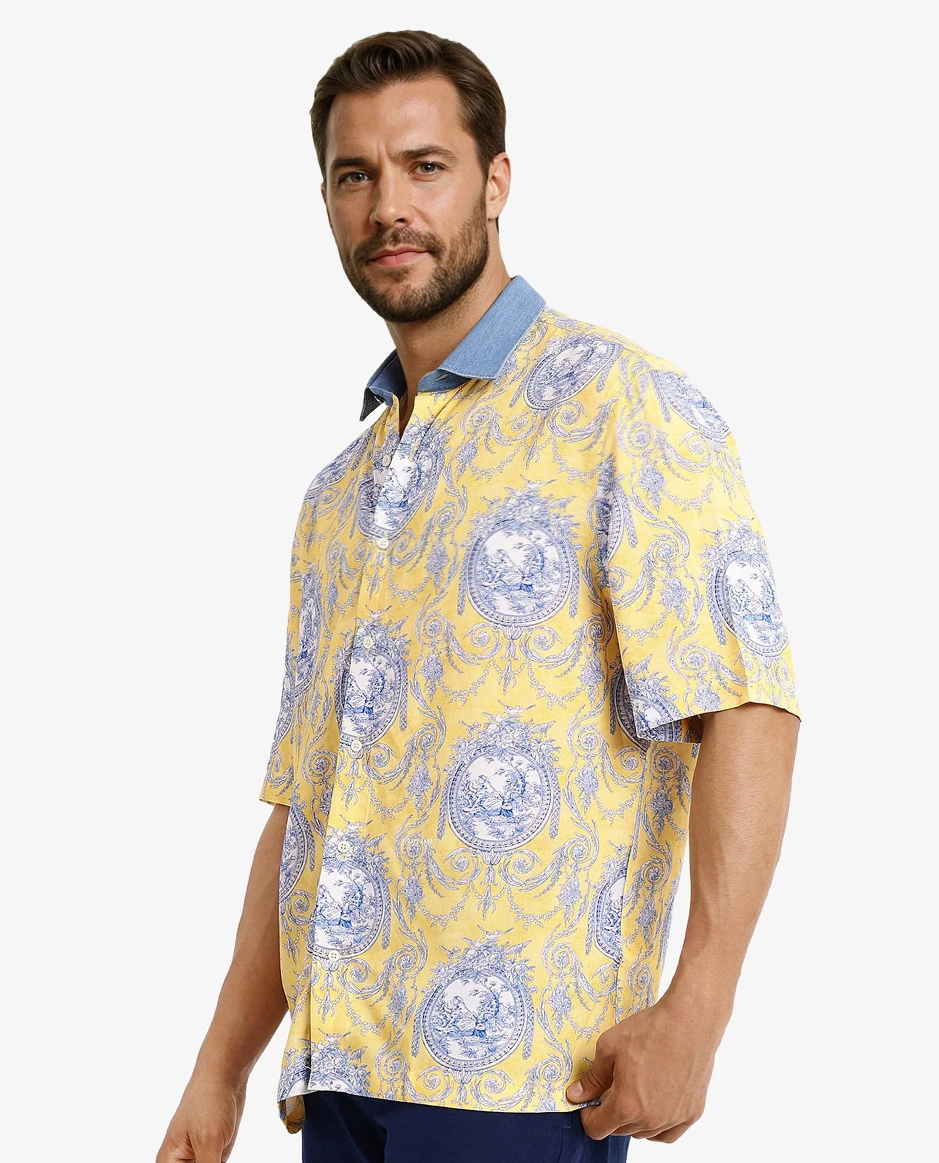 Rare Rabbit Men's Meridin Ss Yellow Viscose Decorative Print Boxy Fit Half Sleeve Collared Shirt - Image 8