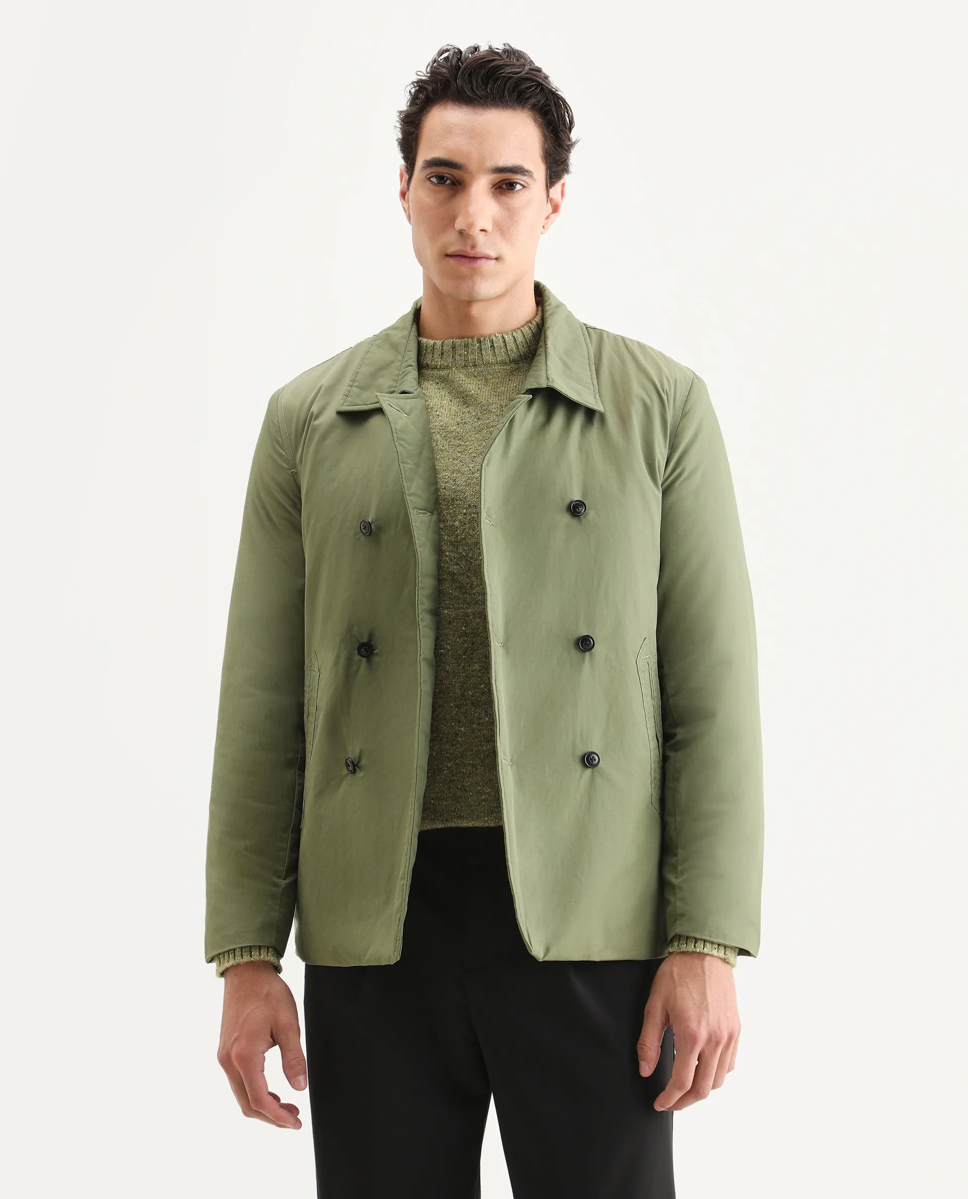 Rare Rabbit Men's Merjon Olive Nylon Plain Tailored Fit Full Sleeve Lapel Neck Jacket - Image 3