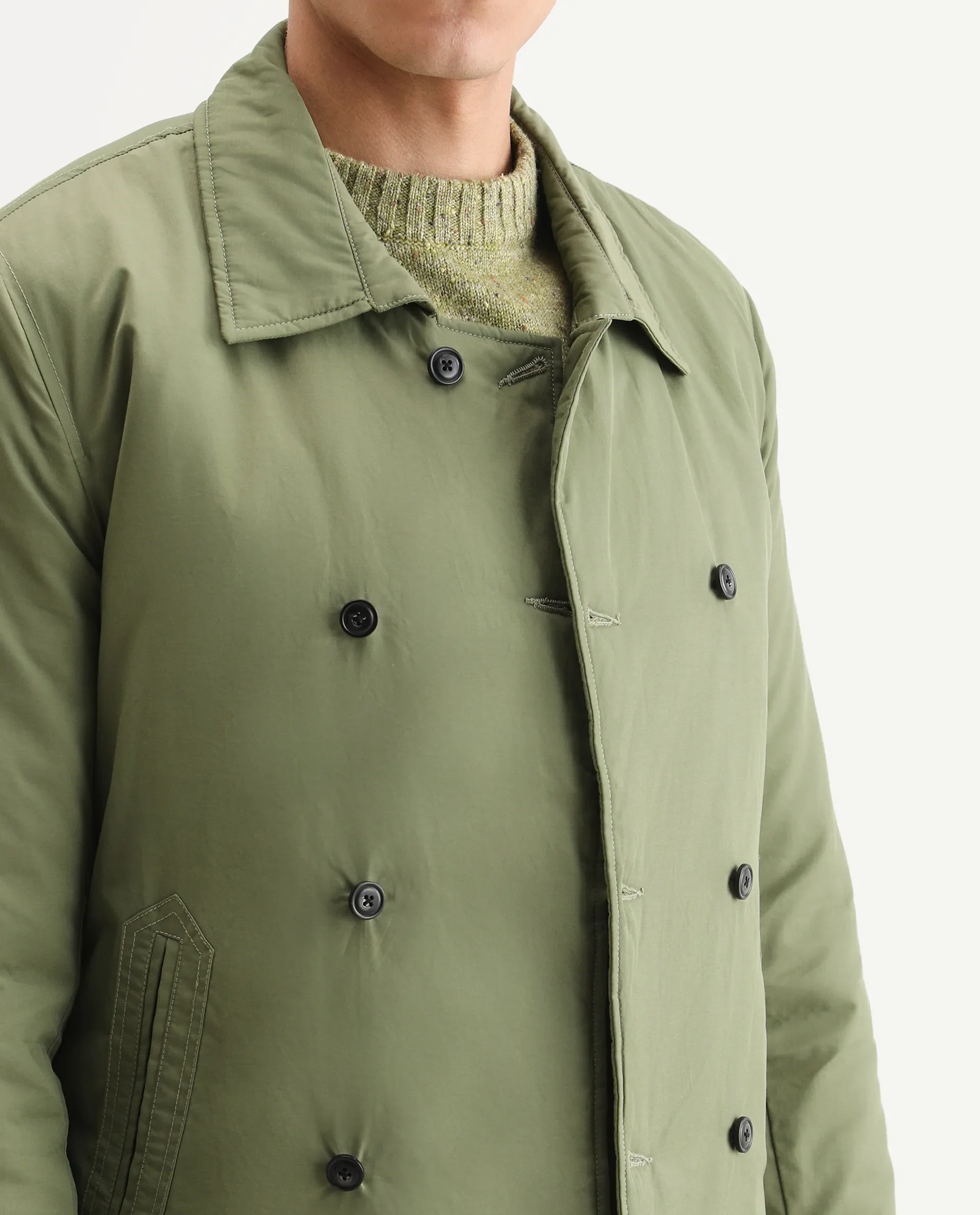 Rare Rabbit Men's Merjon Olive Nylon Plain Tailored Fit Full Sleeve Lapel Neck Jacket - Image 4