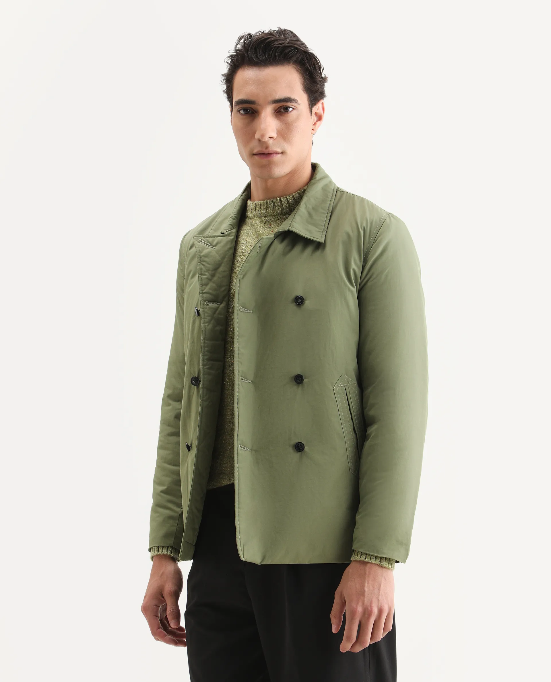 Rare Rabbit Men's Merjon Olive Nylon Plain Tailored Fit Full Sleeve Lapel Neck Jacket - Image 5