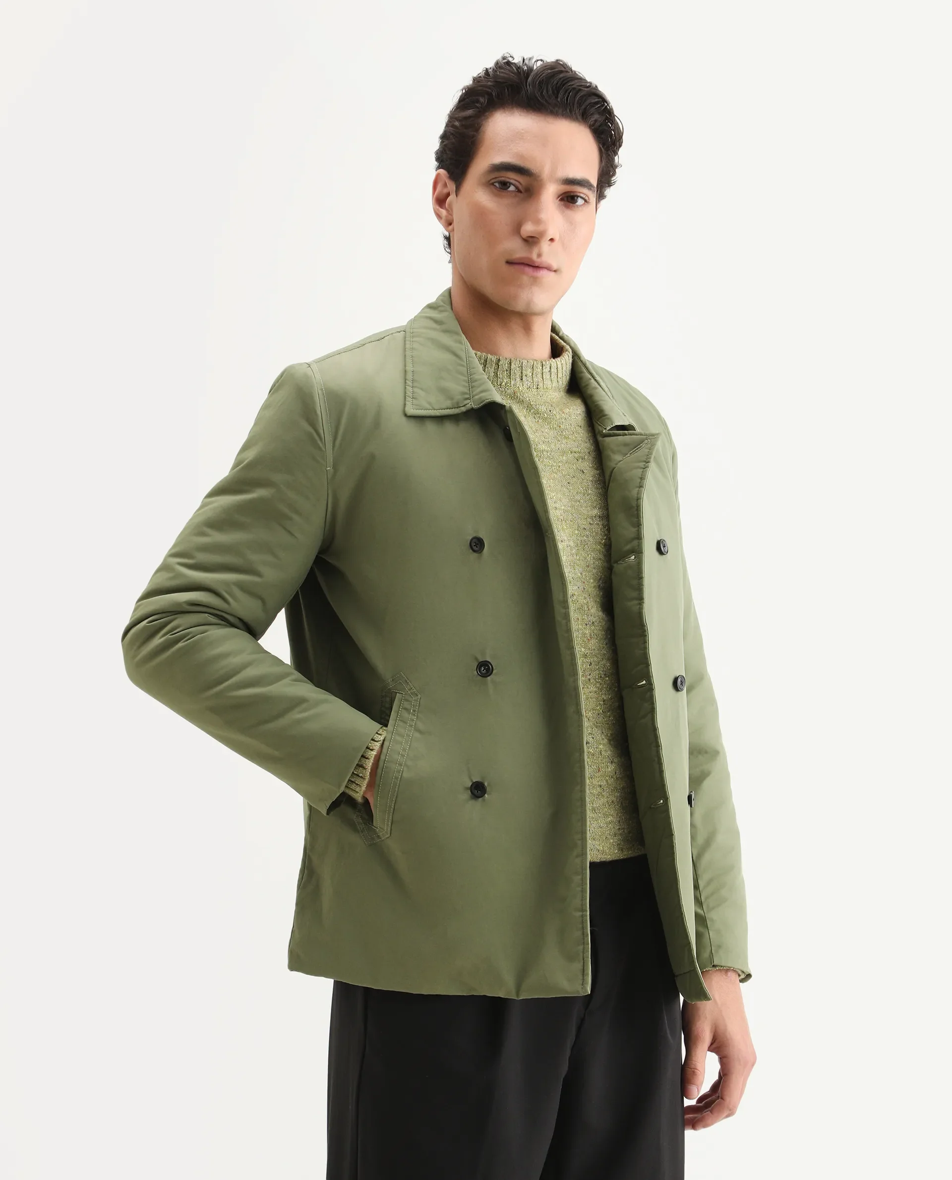 Rare Rabbit Men's Merjon Olive Nylon Plain Tailored Fit Full Sleeve Lapel Neck Jacket - Image 6