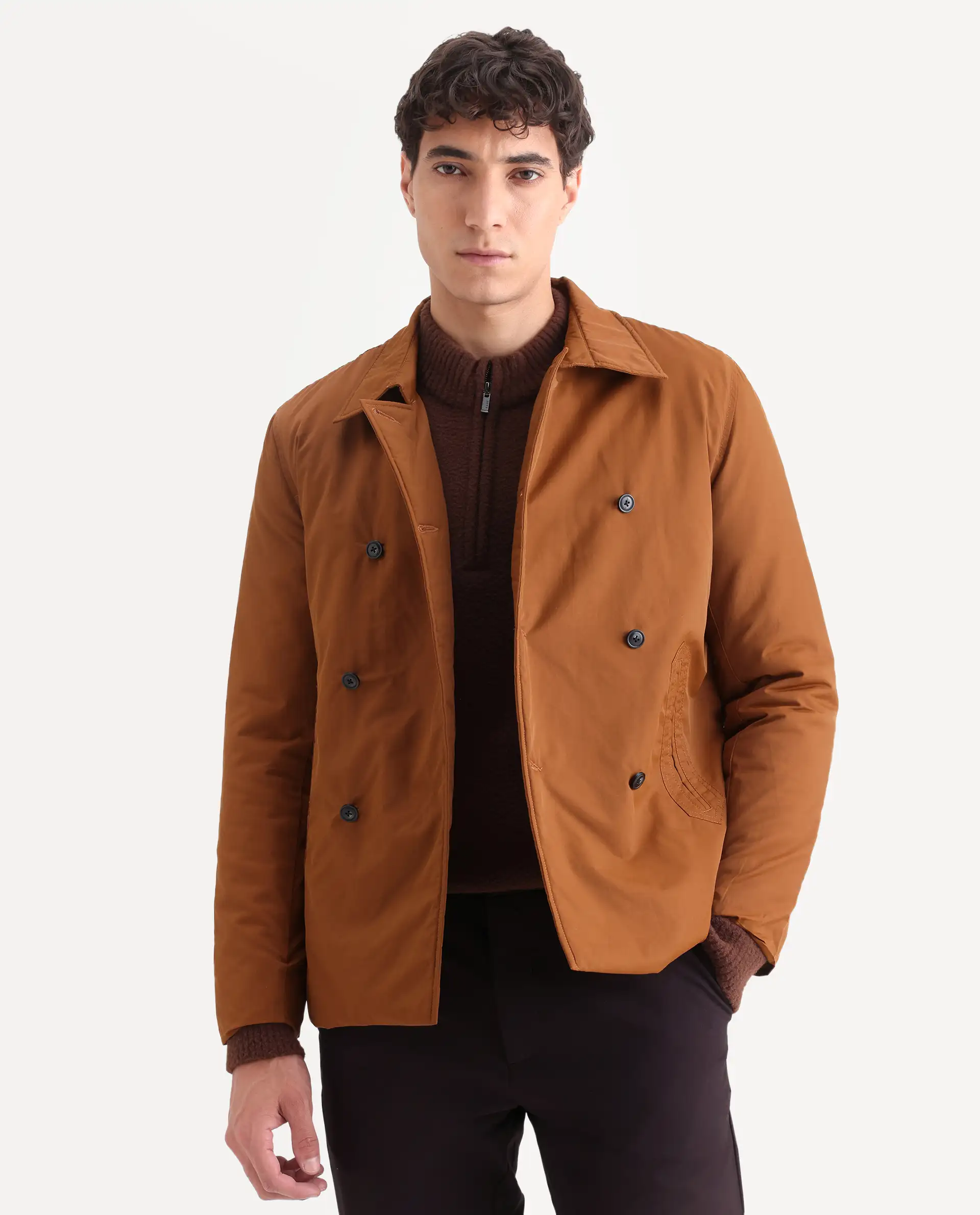 Rare Rabbit Men's Merjon Tan Nylon Plain Tailored Fit Full Sleeve Lapel Neck Jacket - Image 3