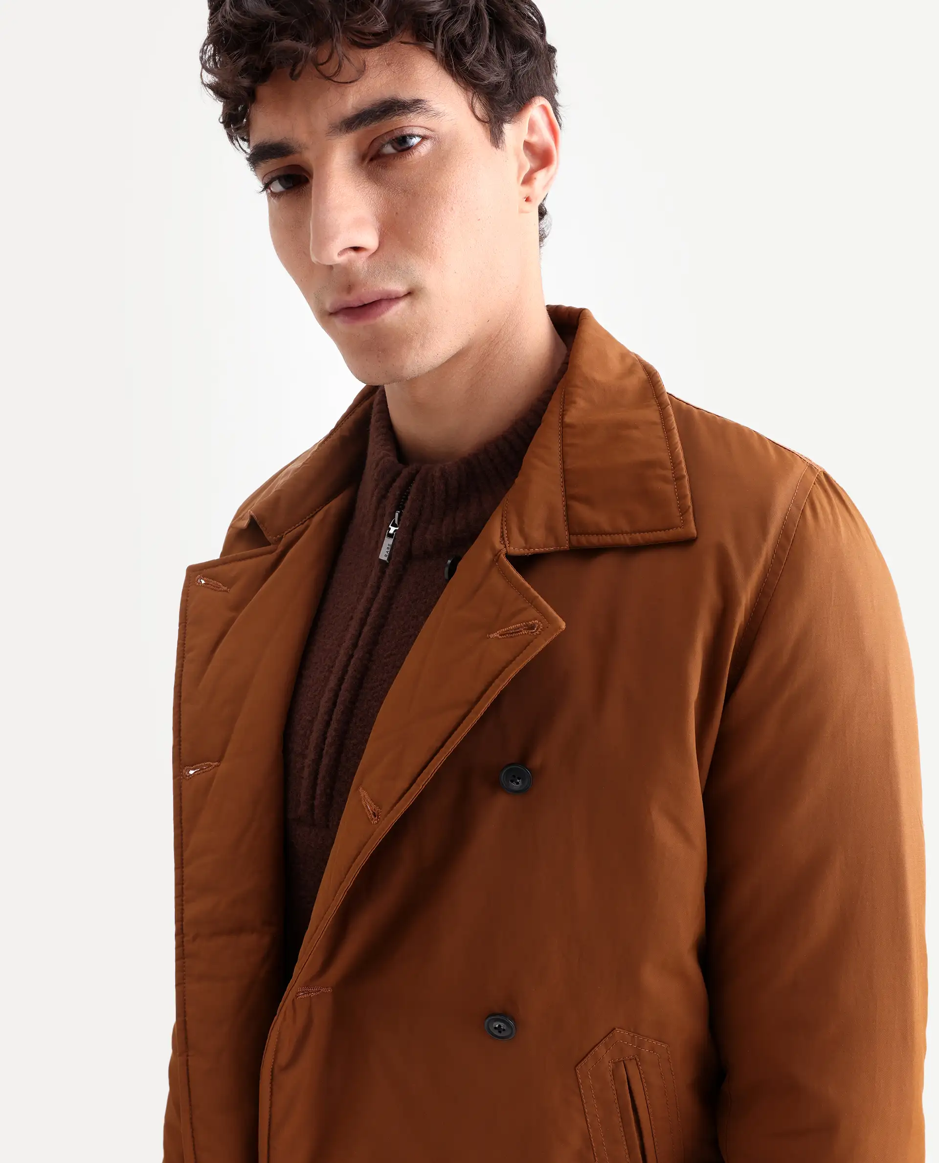Rare Rabbit Men's Merjon Tan Nylon Plain Tailored Fit Full Sleeve Lapel Neck Jacket - Image 4