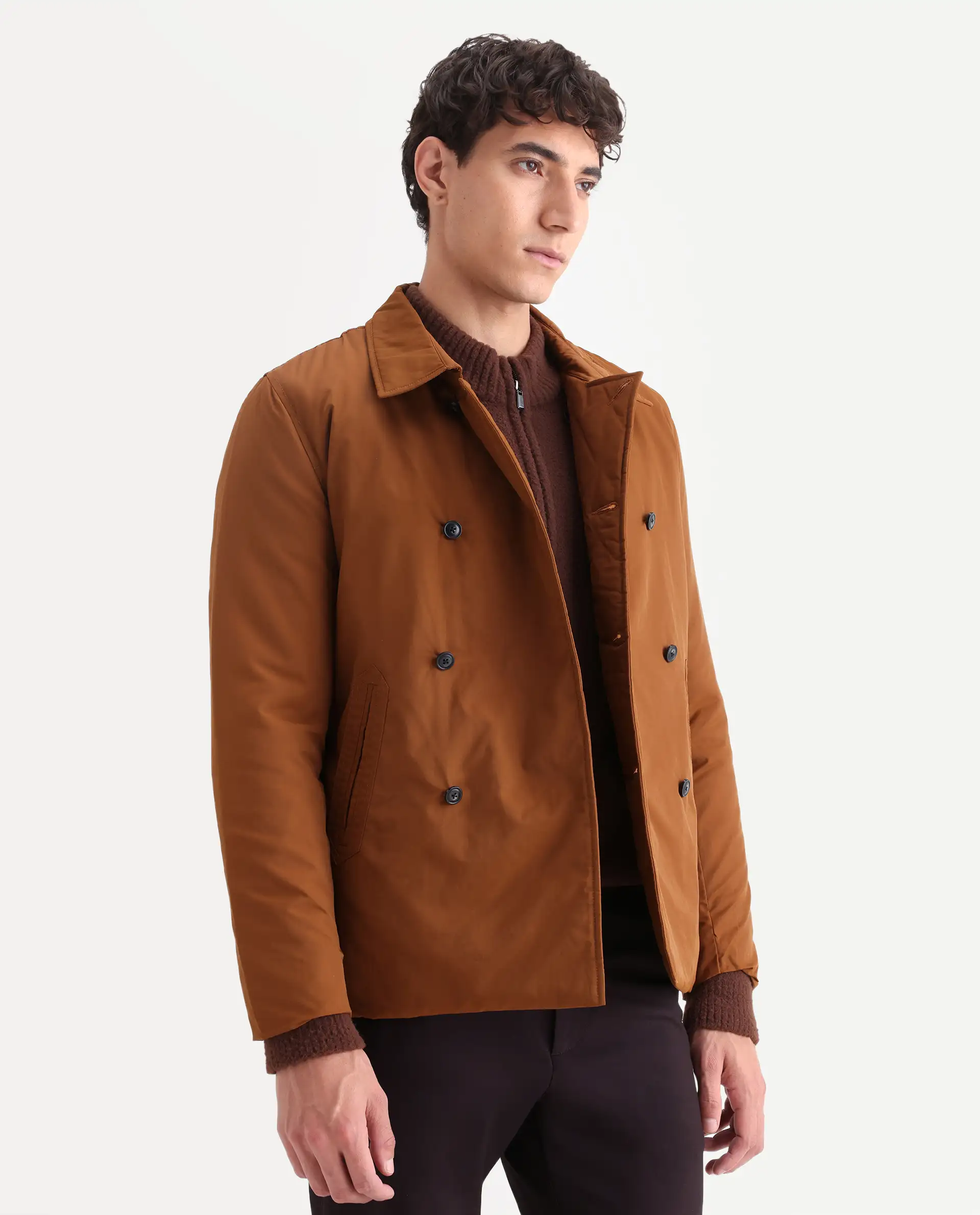Rare Rabbit Men's Merjon Tan Nylon Plain Tailored Fit Full Sleeve Lapel Neck Jacket - Image 5