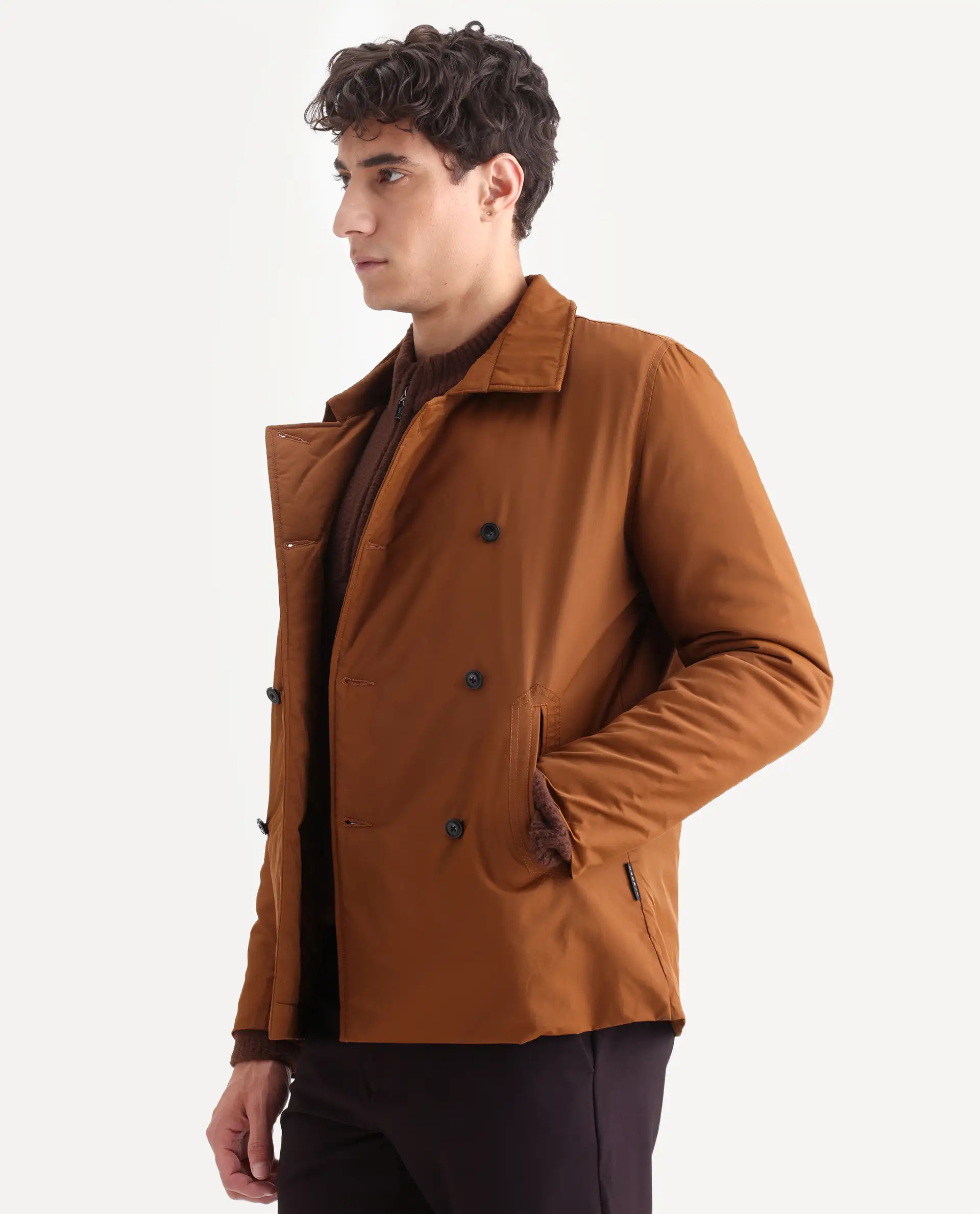 Rare Rabbit Men's Merjon Tan Nylon Plain Tailored Fit Full Sleeve Lapel Neck Jacket - Image 6