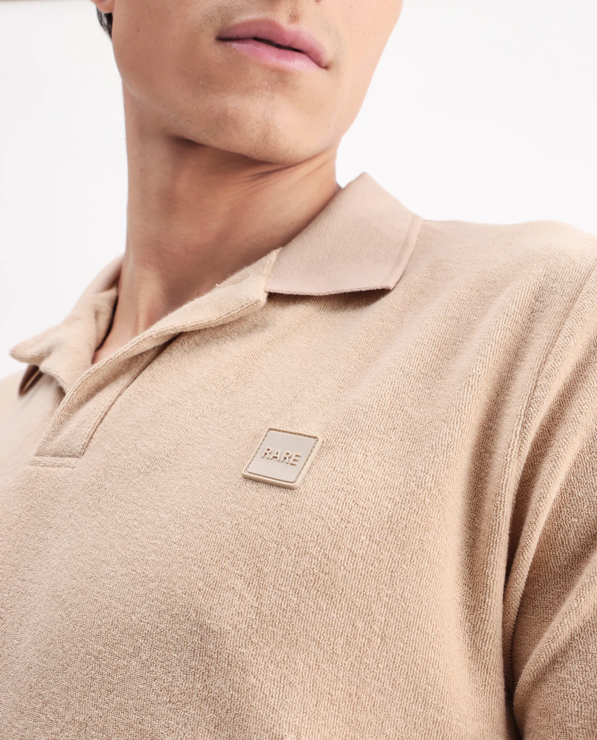 Rare Rabbit Men's Merk Beige Cotton Textured Regular Fit Half Sleeve Polo - Image 3