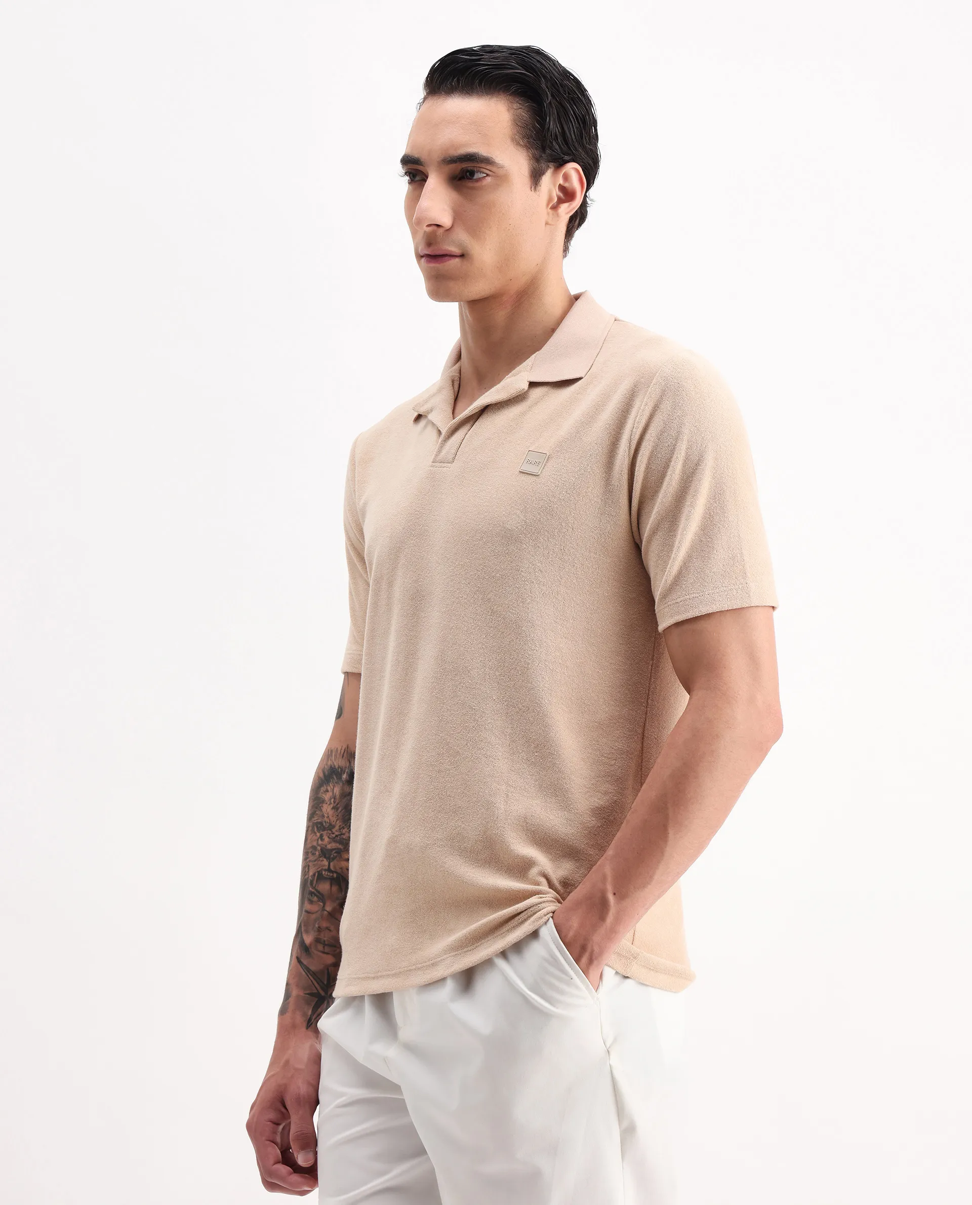 Rare Rabbit Men's Merk Beige Cotton Textured Regular Fit Half Sleeve Polo - Image 4