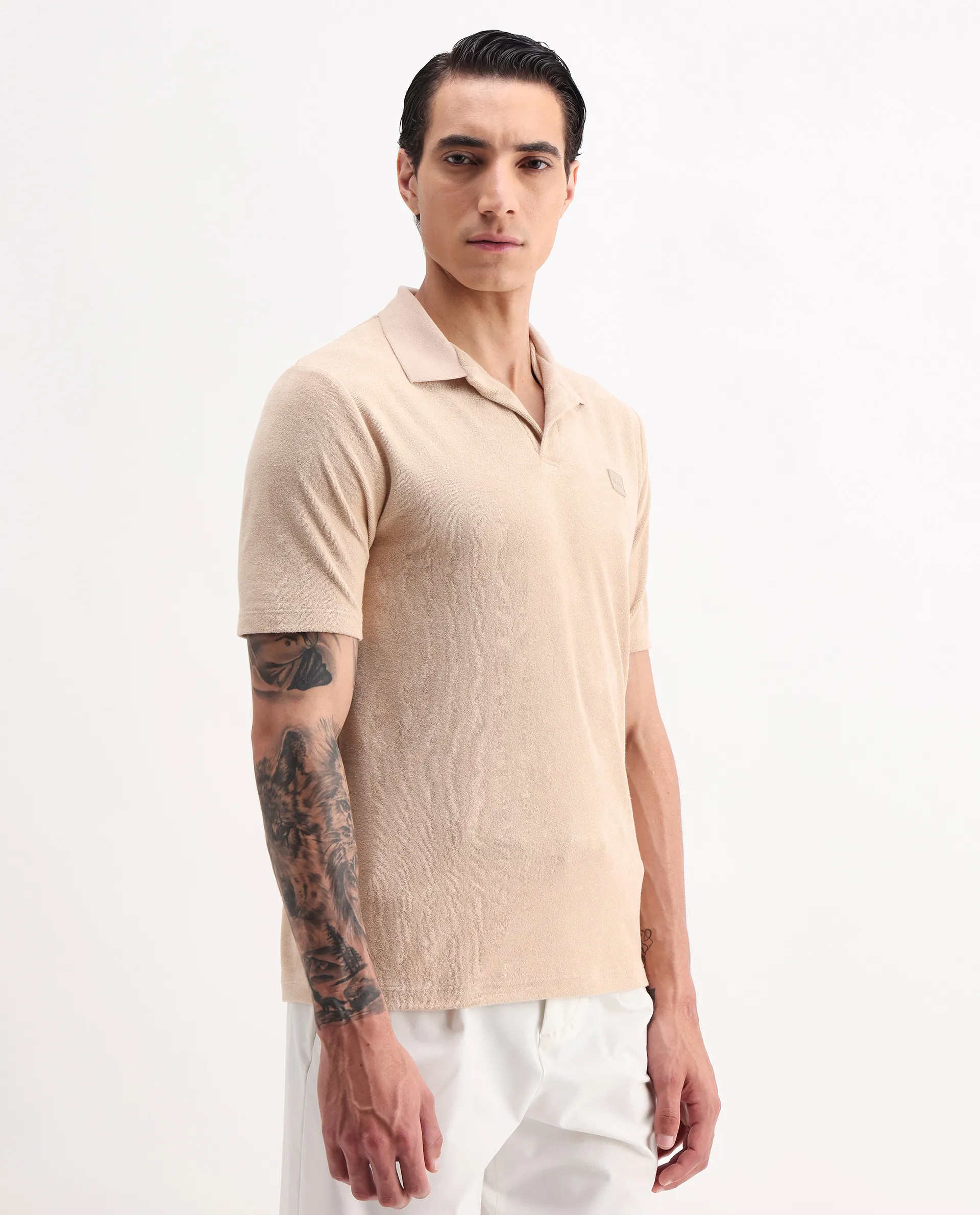 Rare Rabbit Men's Merk Beige Cotton Textured Regular Fit Half Sleeve Polo - Image 5