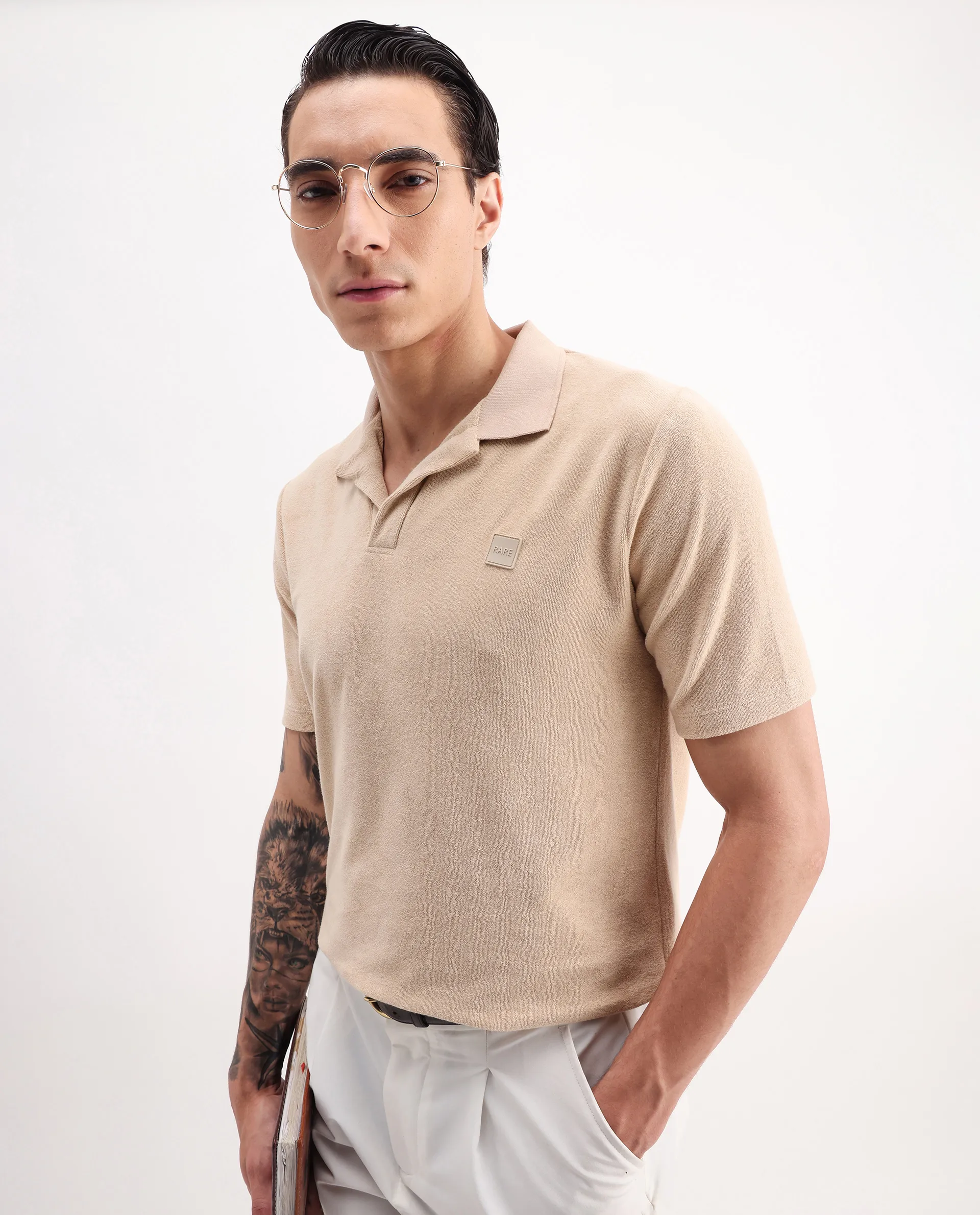 Rare Rabbit Men's Merk Beige Cotton Textured Regular Fit Half Sleeve Polo - Image 6