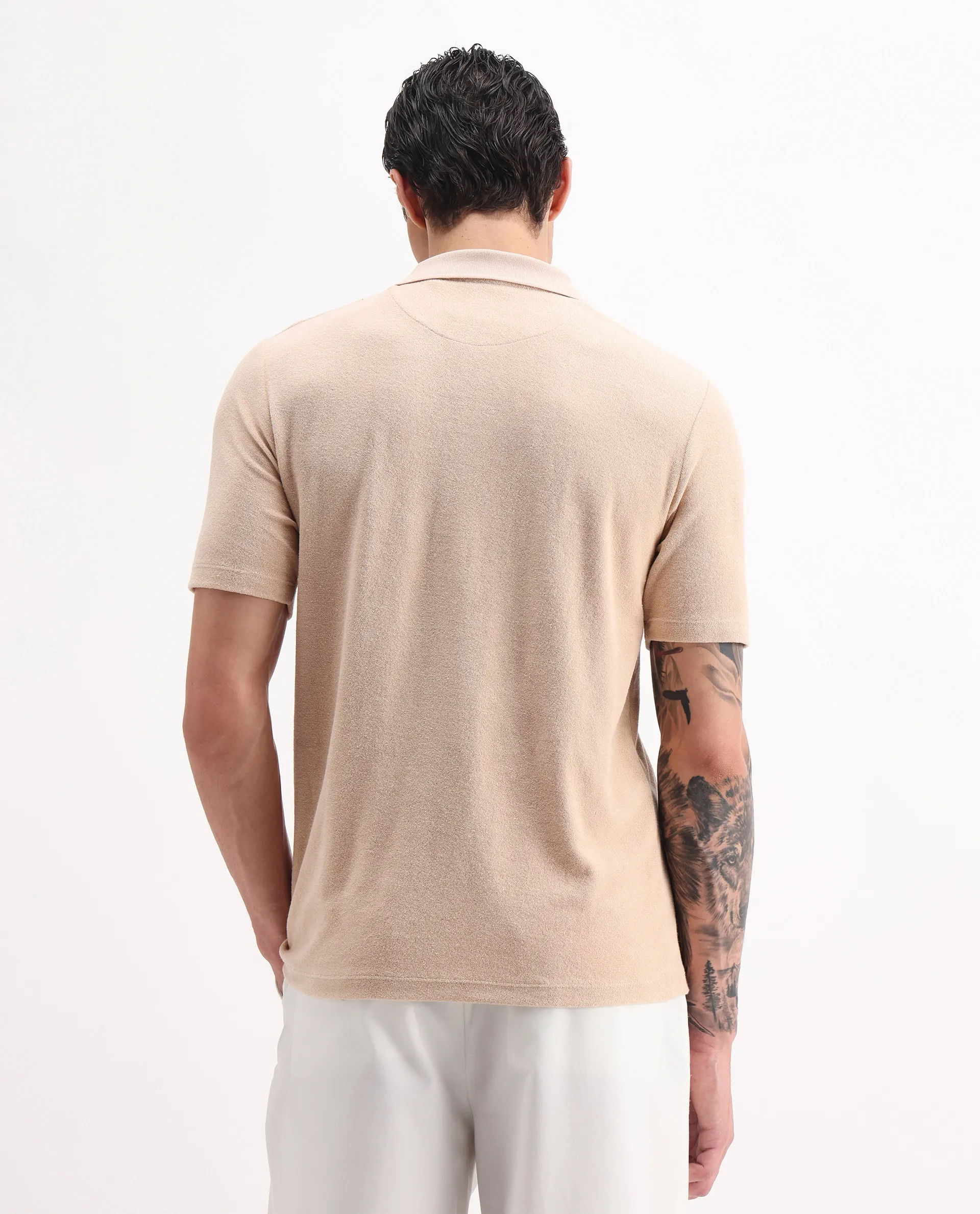 Rare Rabbit Men's Merk Beige Cotton Textured Regular Fit Half Sleeve Polo - Image 7