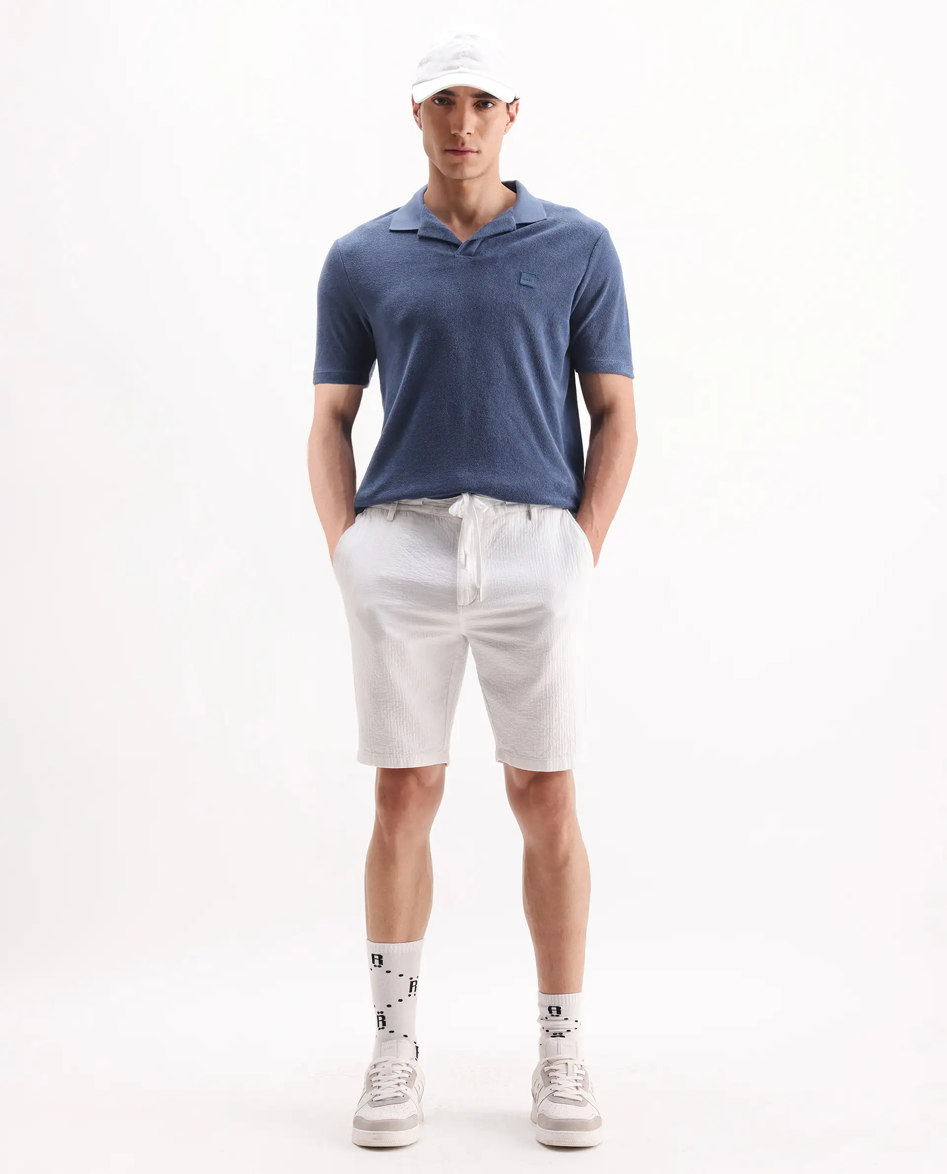 Rare Rabbit Men's Merk Dark Blue Cotton Textured Regular Fit Half Sleeve Polo - Image 2