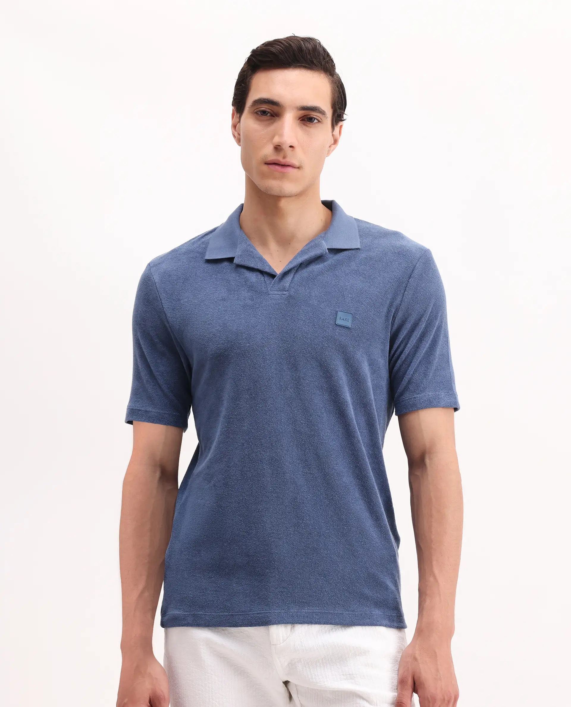 Rare Rabbit Men's Merk Dark Blue Cotton Textured Regular Fit Half Sleeve Polo - Image 4