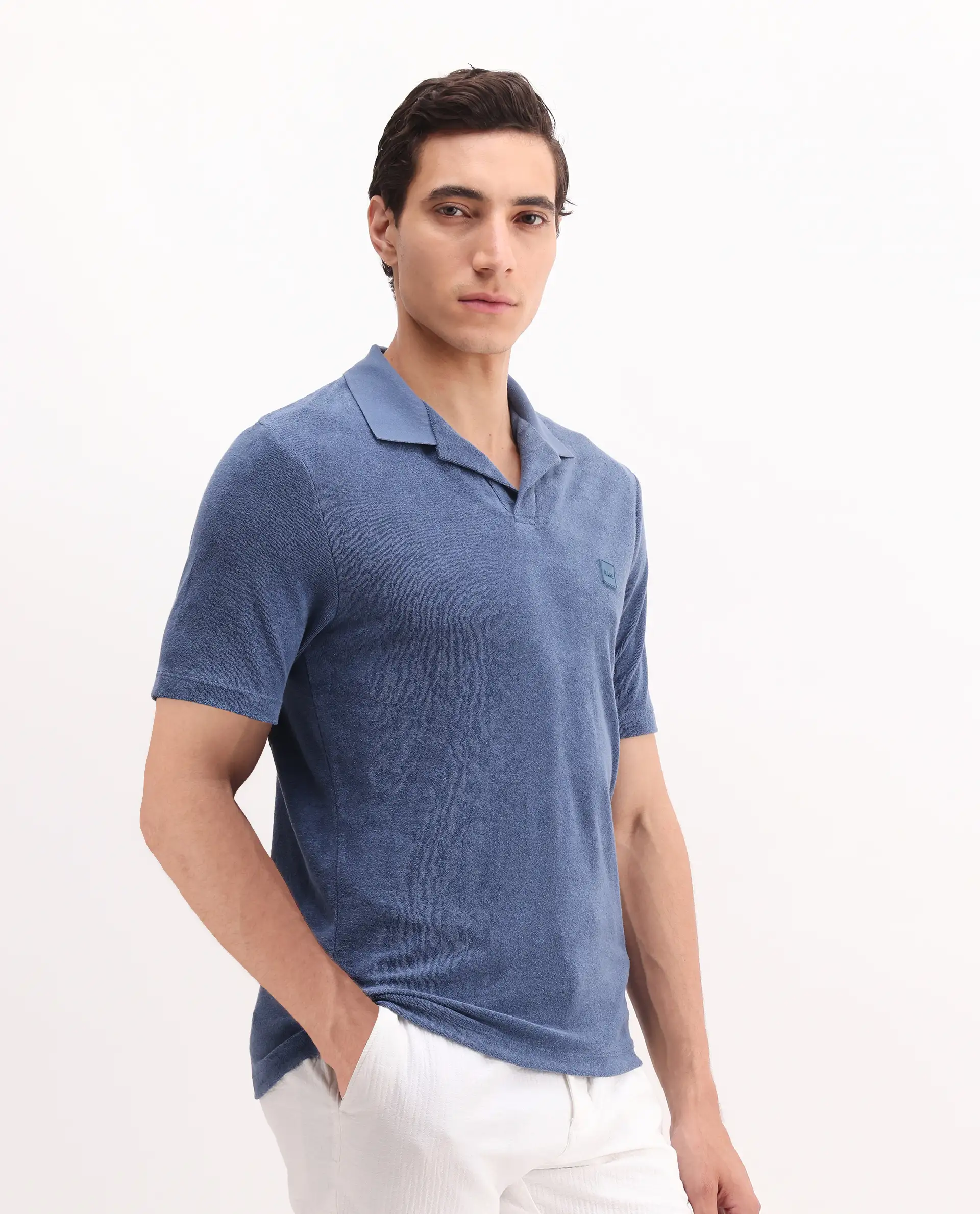 Rare Rabbit Men's Merk Dark Blue Cotton Textured Regular Fit Half Sleeve Polo - Image 5