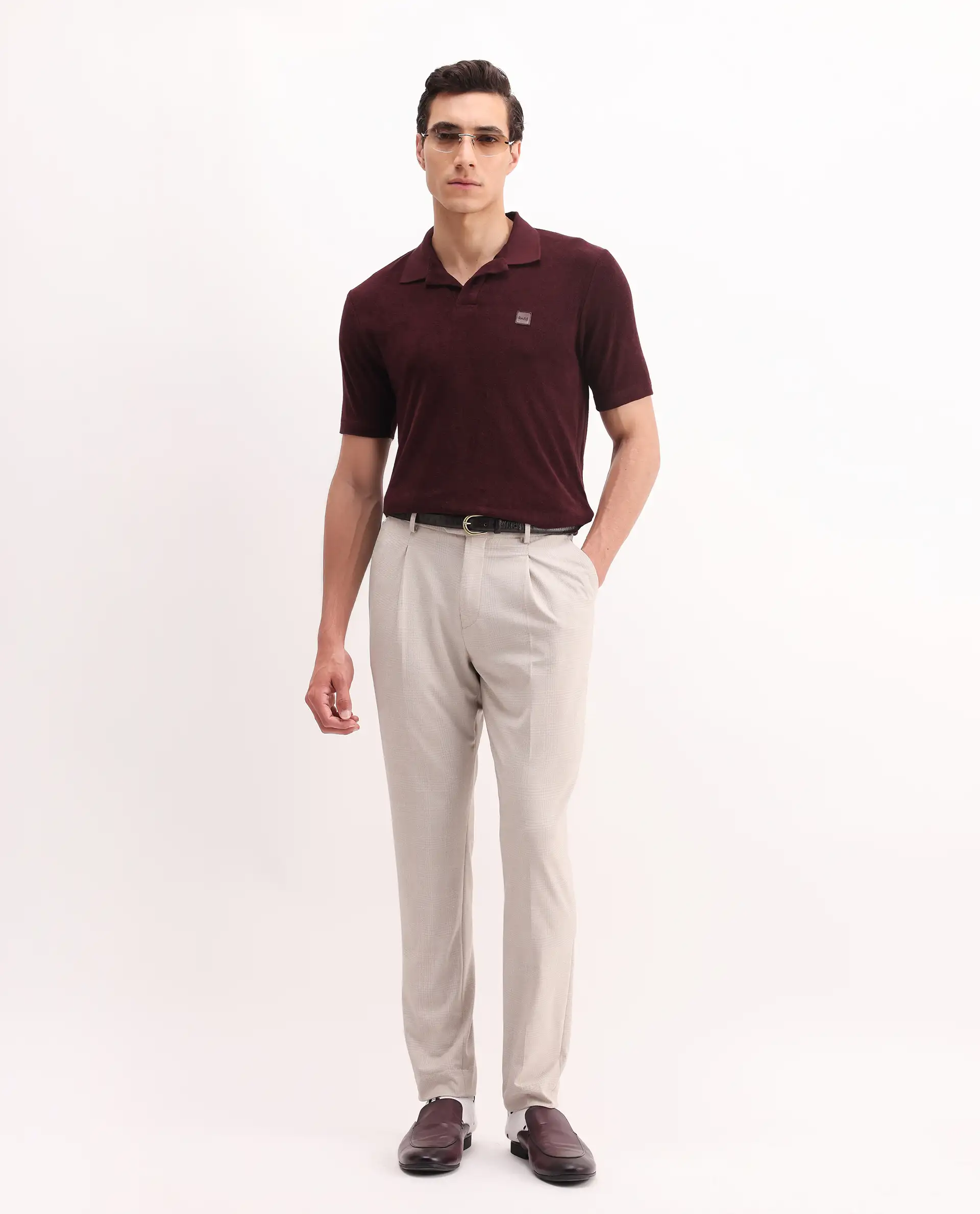 Rare Rabbit Men's Merk Dark Maroon Cotton Textured Regular Fit Half Sleeve Polo - Image 2