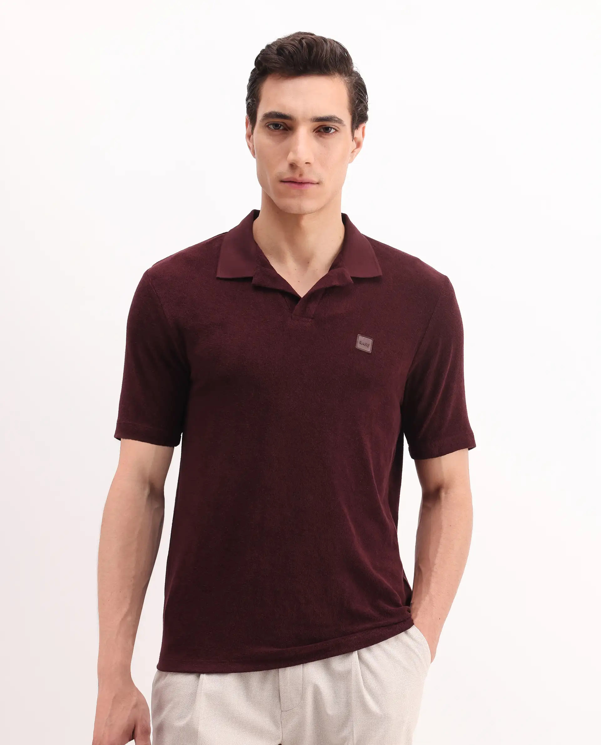 Rare Rabbit Men's Merk Dark Maroon Cotton Textured Regular Fit Half Sleeve Polo - Image 3
