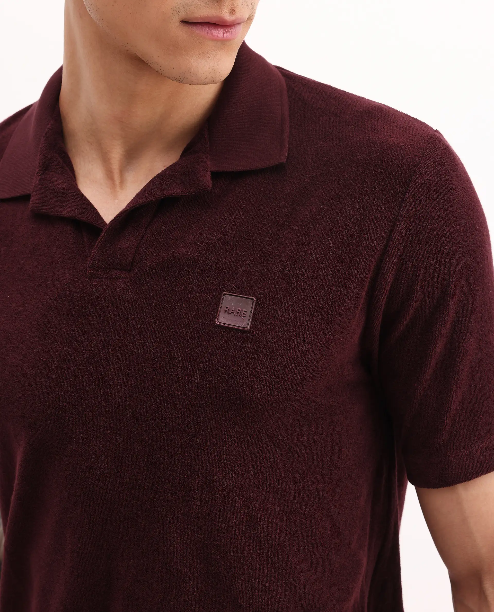Rare Rabbit Men's Merk Dark Maroon Cotton Textured Regular Fit Half Sleeve Polo - Image 4