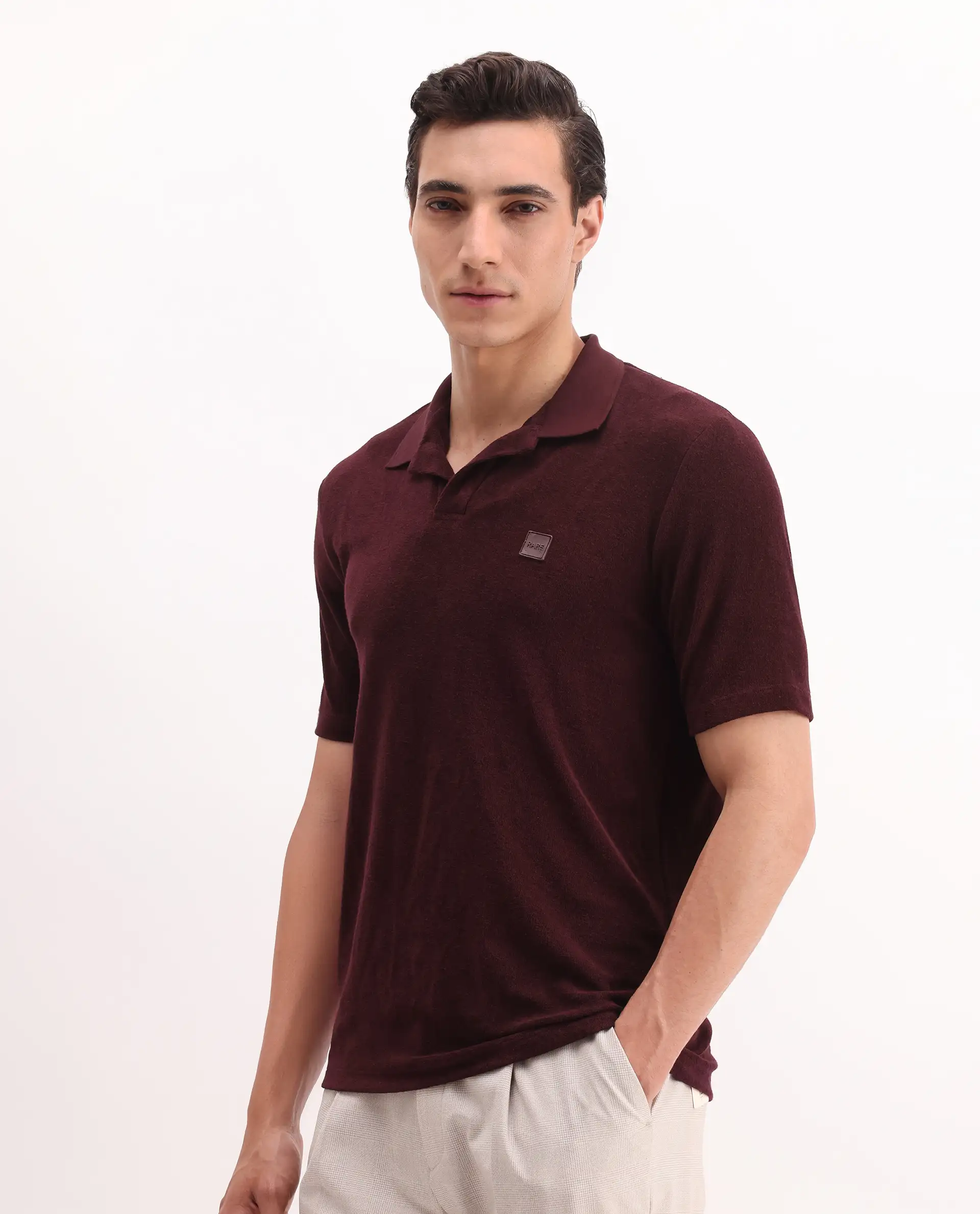 Rare Rabbit Men's Merk Dark Maroon Cotton Textured Regular Fit Half Sleeve Polo - Image 5