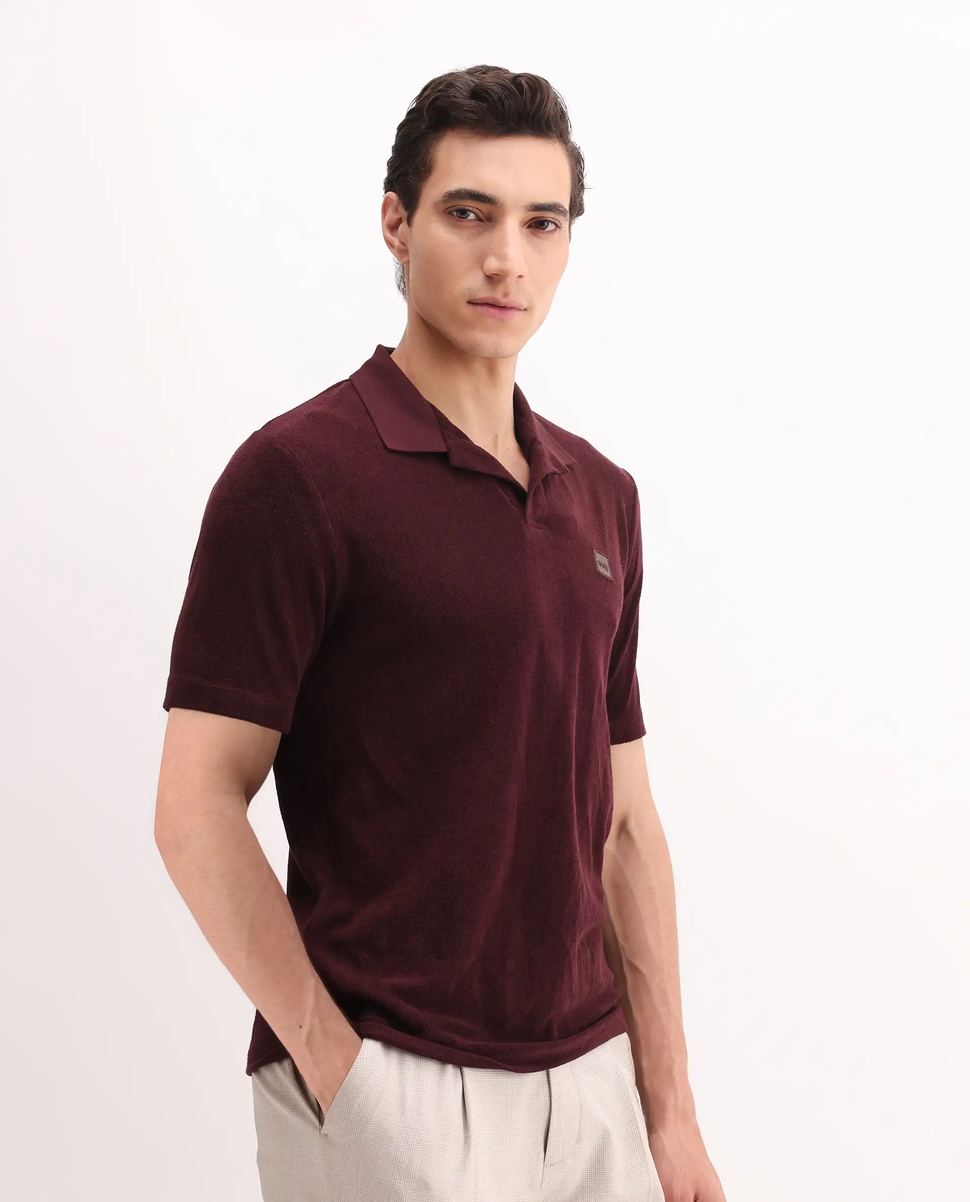 Rare Rabbit Men's Merk Dark Maroon Cotton Textured Regular Fit Half Sleeve Polo - Image 6