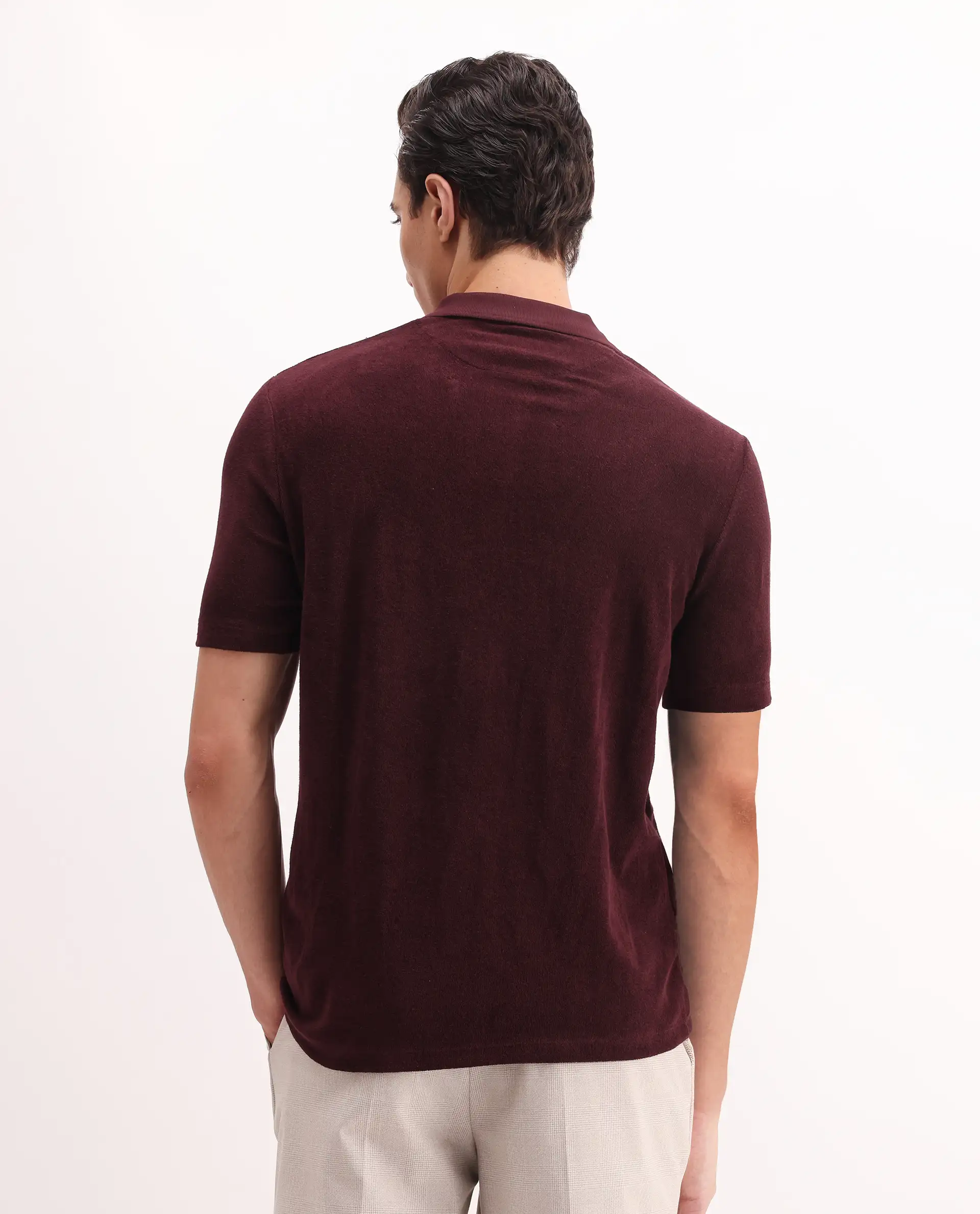 Rare Rabbit Men's Merk Dark Maroon Cotton Textured Regular Fit Half Sleeve Polo - Image 7