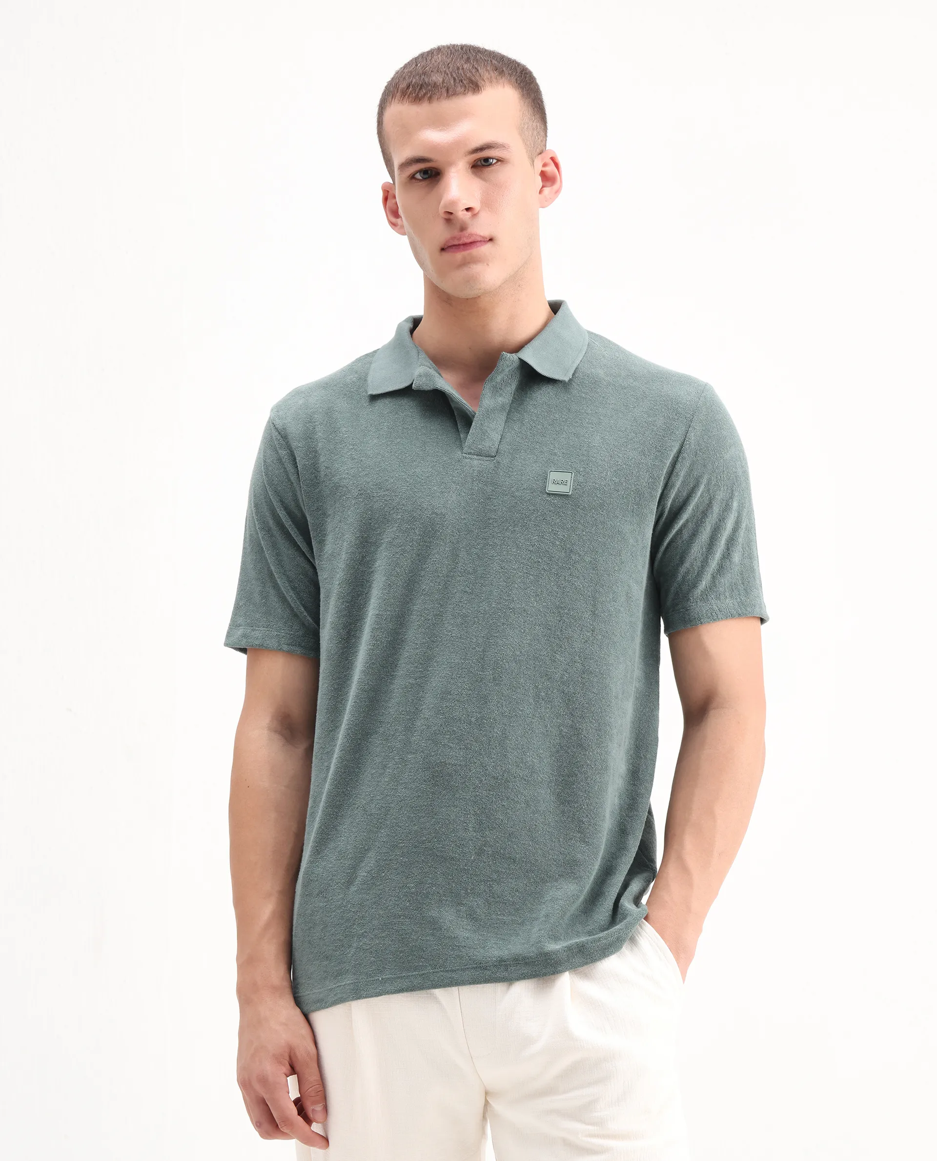 Rare Rabbit Men's Merk Dusky Green Cotton Textured Regular Fit Half Sleeve Polo - Image 3