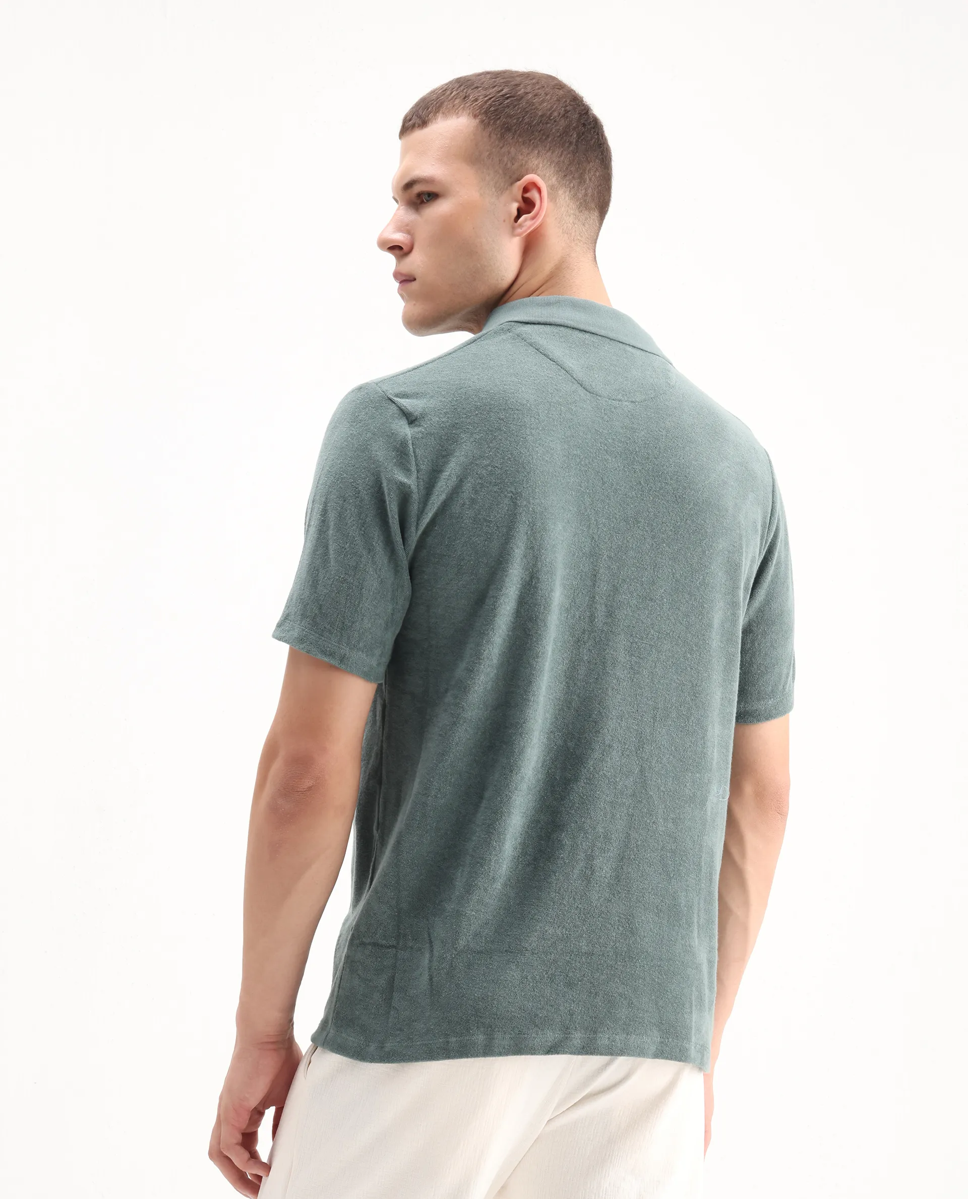 Rare Rabbit Men's Merk Dusky Green Cotton Textured Regular Fit Half Sleeve Polo - Image 5