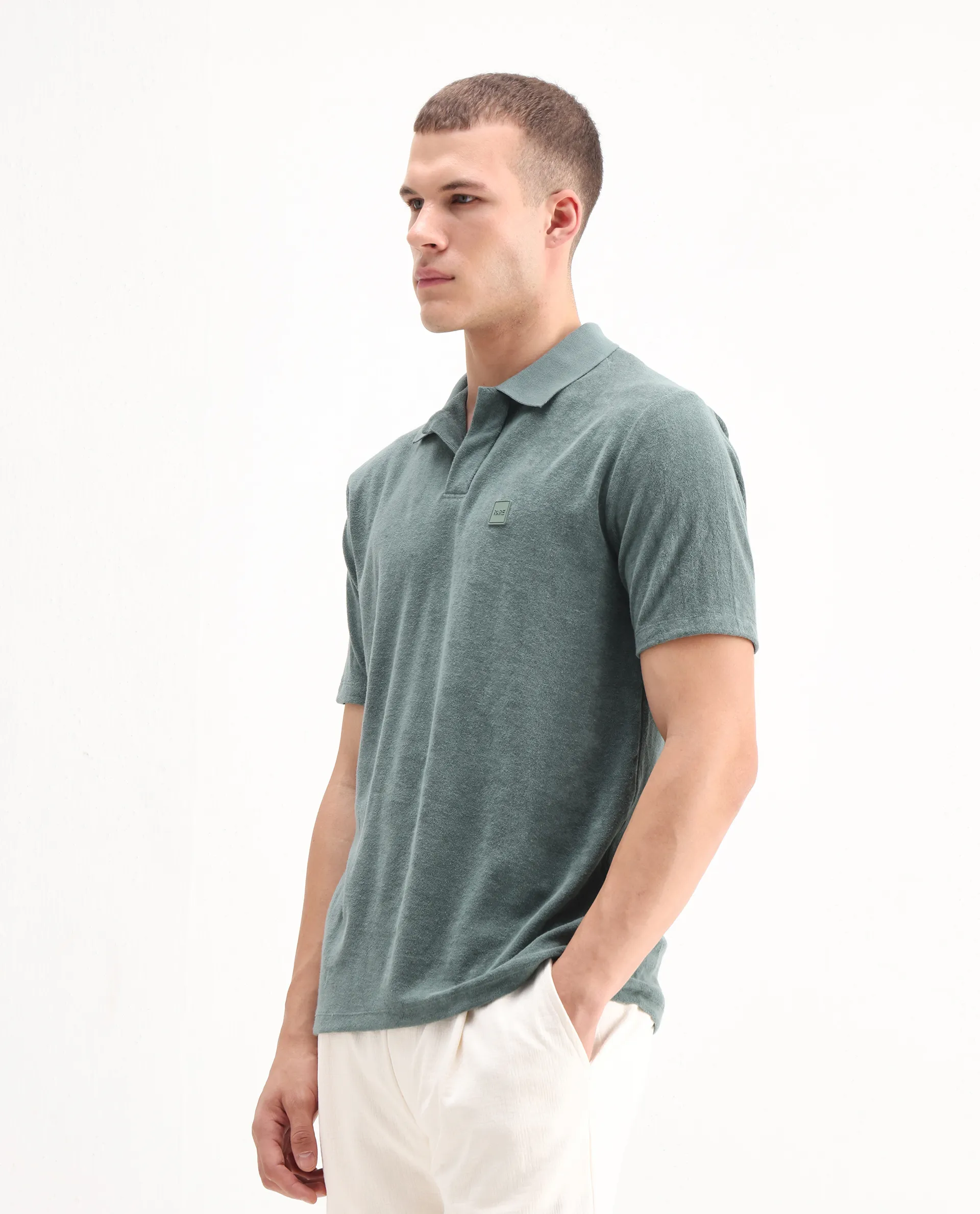 Rare Rabbit Men's Merk Dusky Green Cotton Textured Regular Fit Half Sleeve Polo - Image 6
