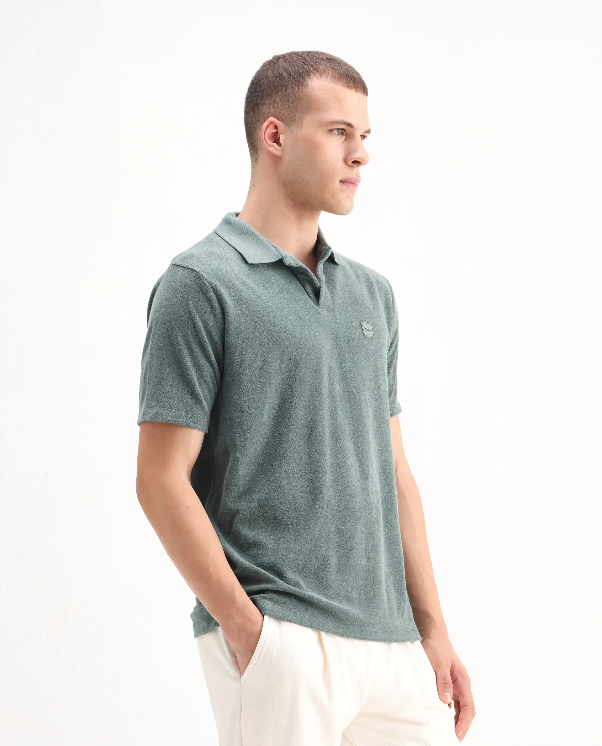 Rare Rabbit Men's Merk Dusky Green Cotton Textured Regular Fit Half Sleeve Polo - Image 7