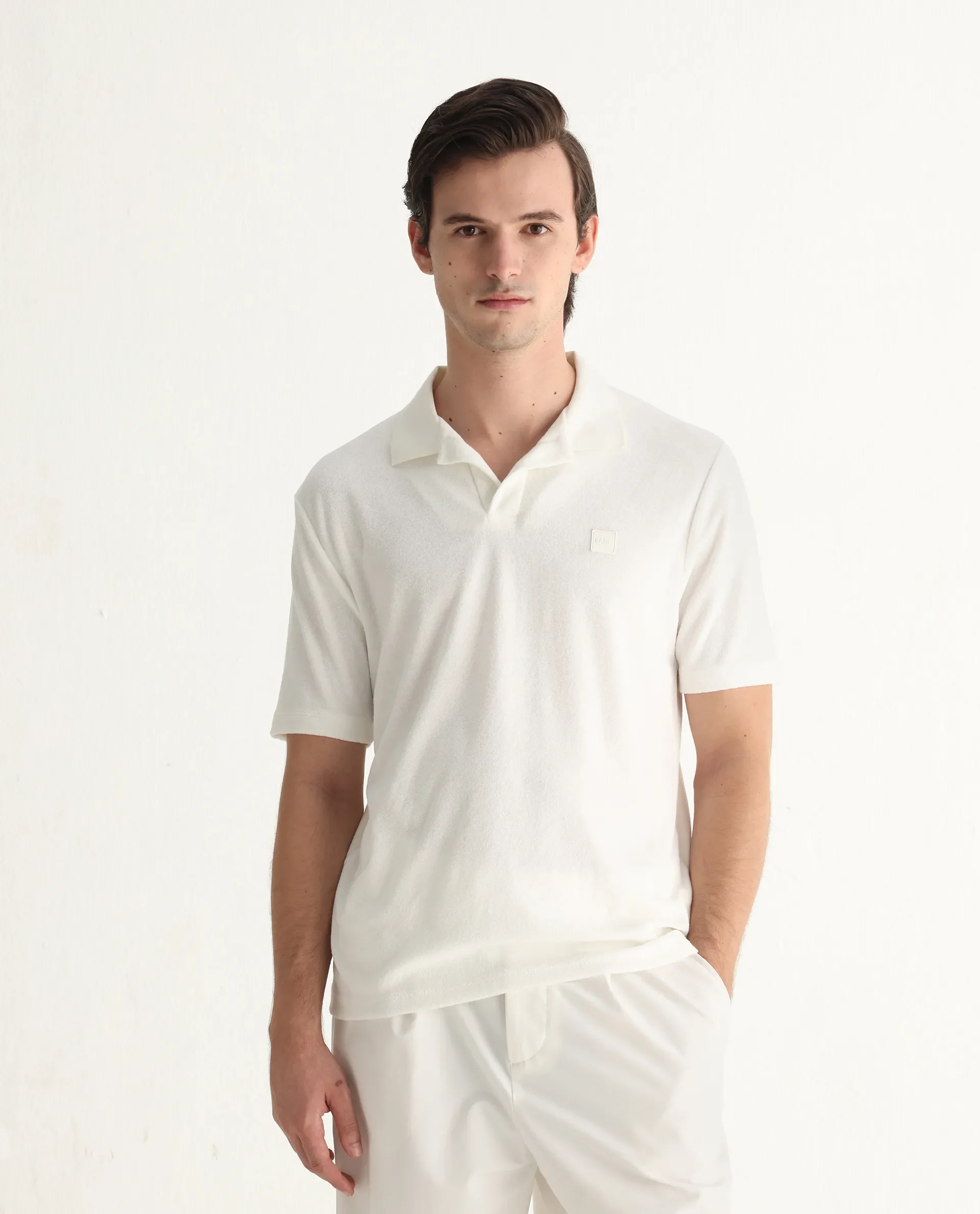 Rare Rabbit Men's Merk White Cotton Textured Regular Fit Half Sleeve Polo - Image 4
