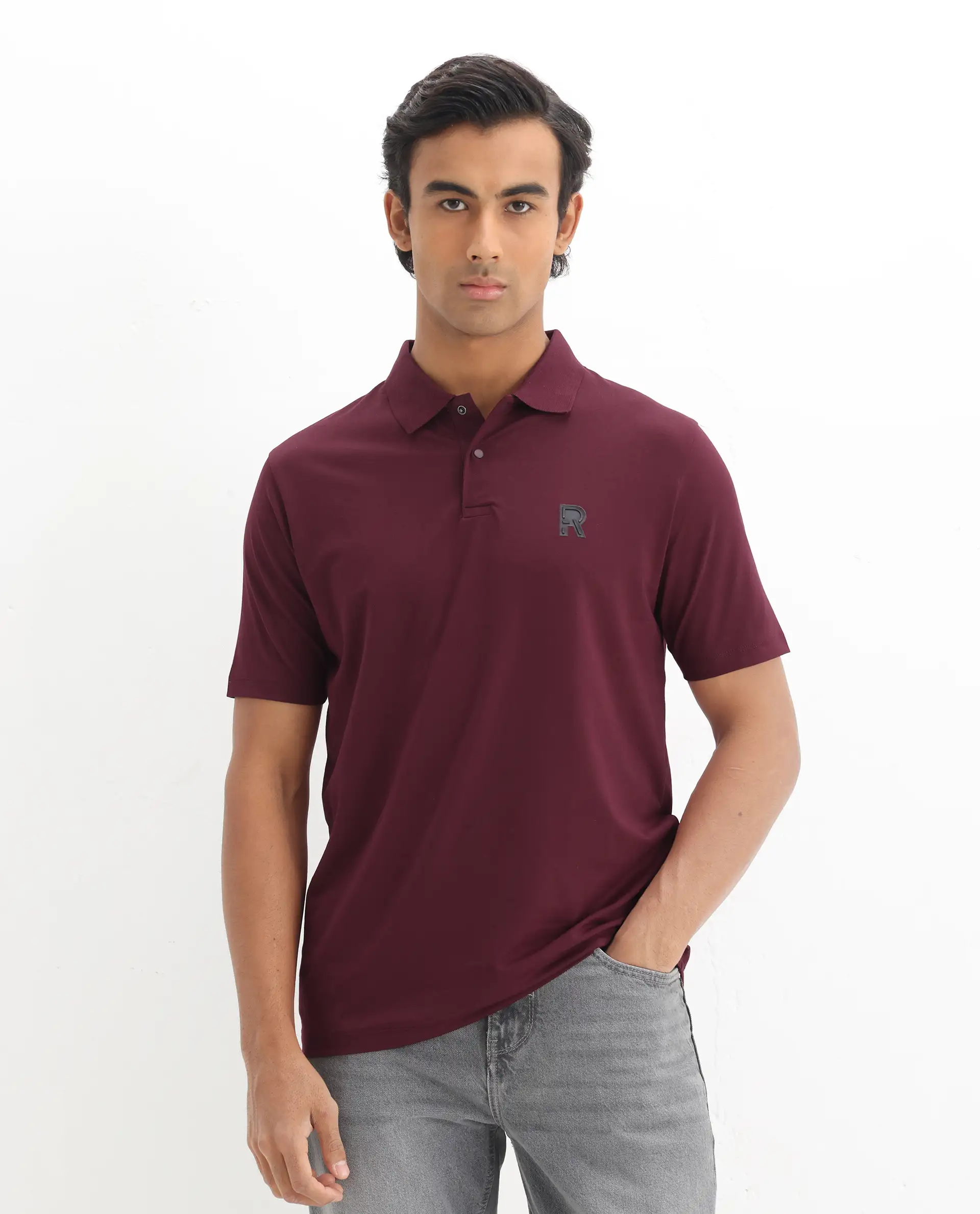 Rare Rabbit Men's Merko Maroon Cotton Plain Regular Fit Half Sleeve Polo - Image 4