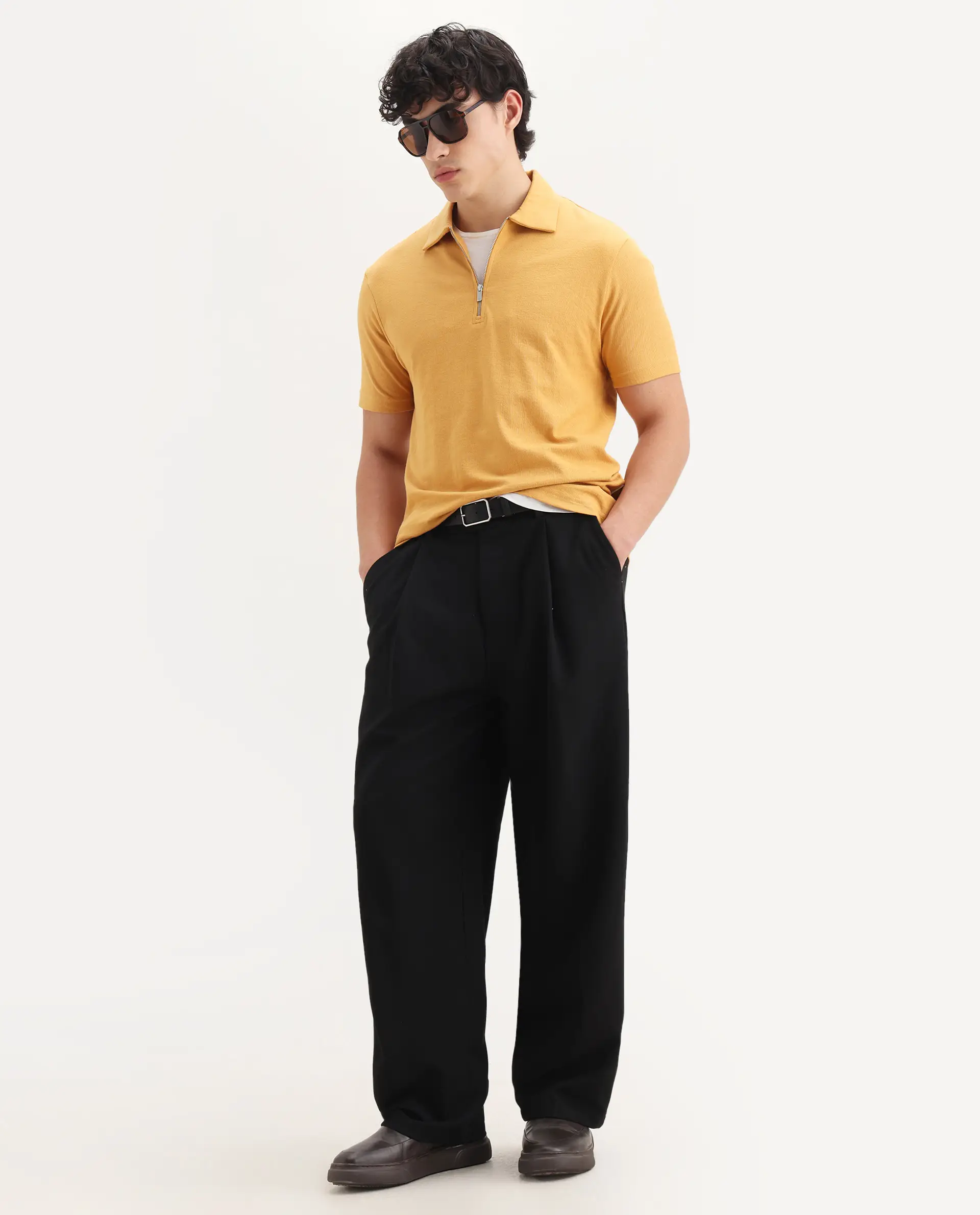 Rare Rabbit Men's Merkof Mustard Cotton Plain Regular Fit Half Sleeve Polo - Image 2