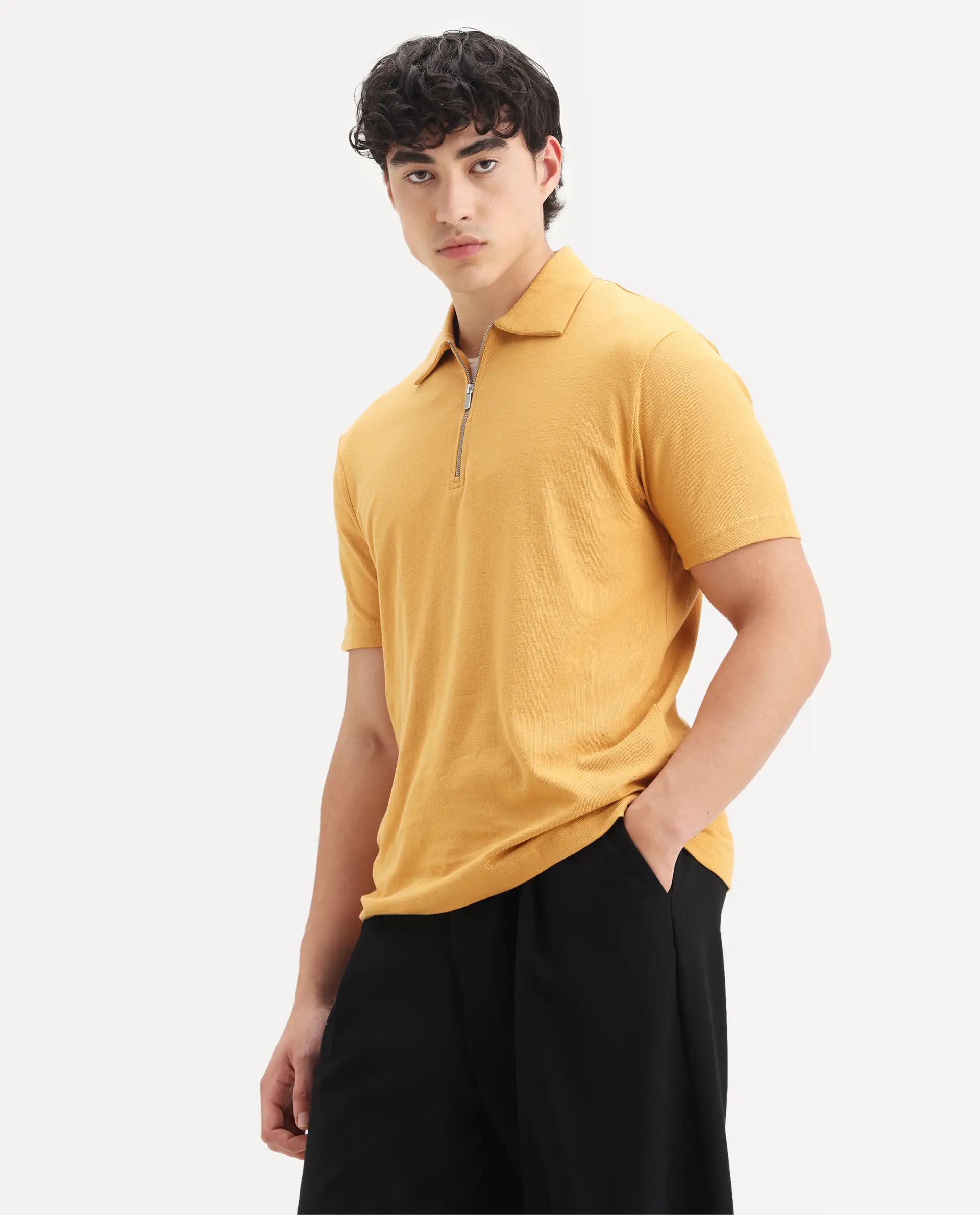 Rare Rabbit Men's Merkof Mustard Cotton Plain Regular Fit Half Sleeve Polo - Image 4