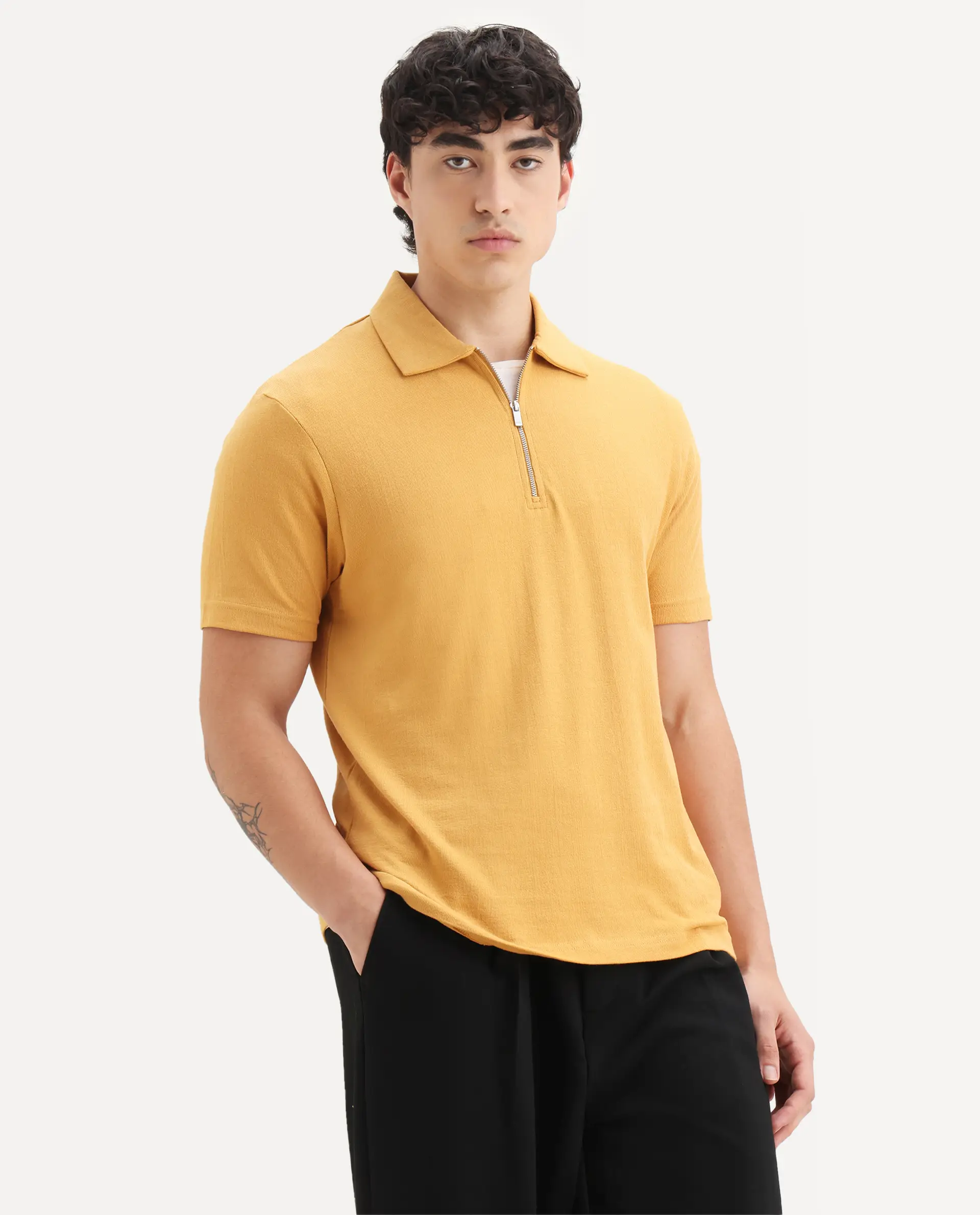 Rare Rabbit Men's Merkof Mustard Cotton Plain Regular Fit Half Sleeve Polo - Image 5