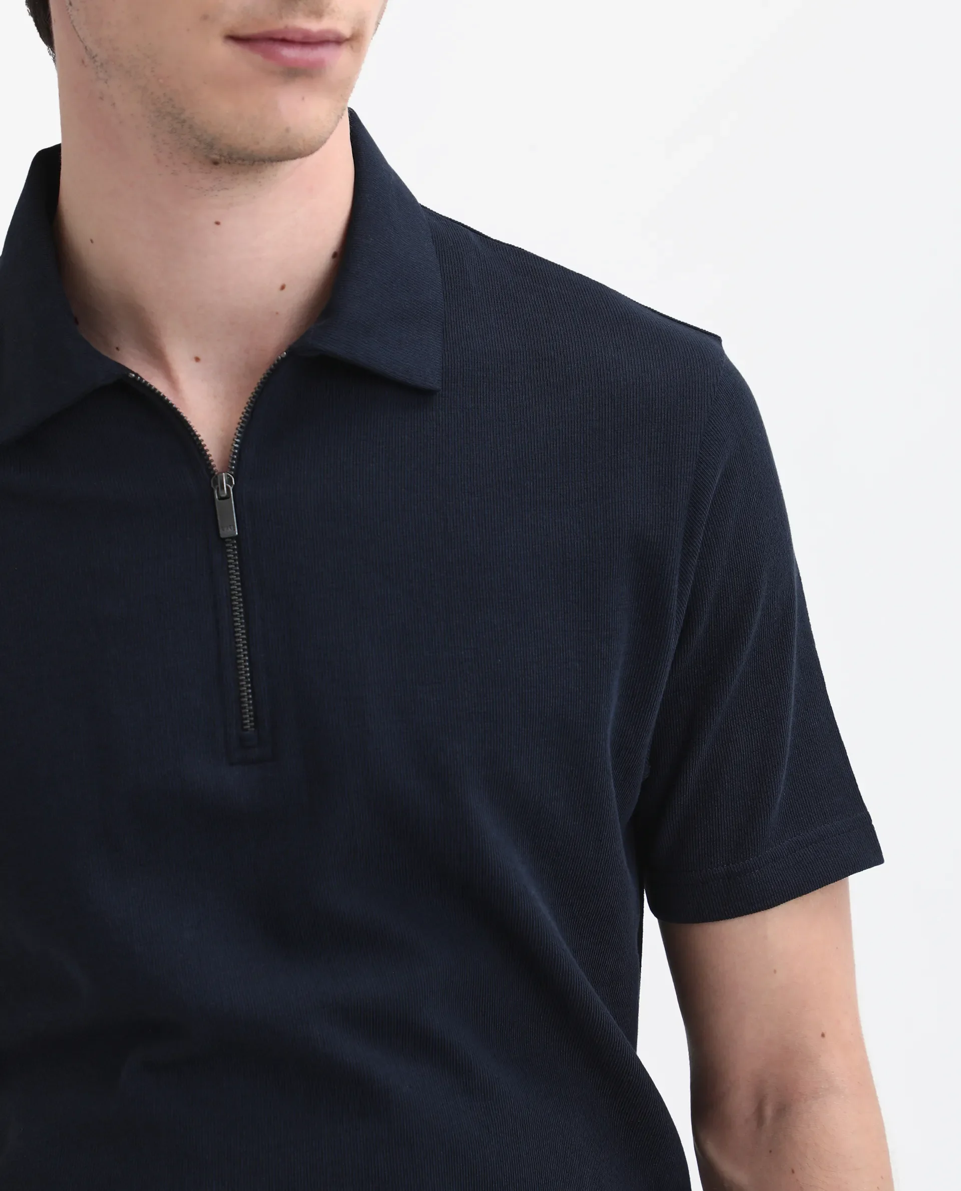 Rare Rabbit Men's Merkof Navy Cotton Plain Regular Fit Half Sleeve Polo - Image 3