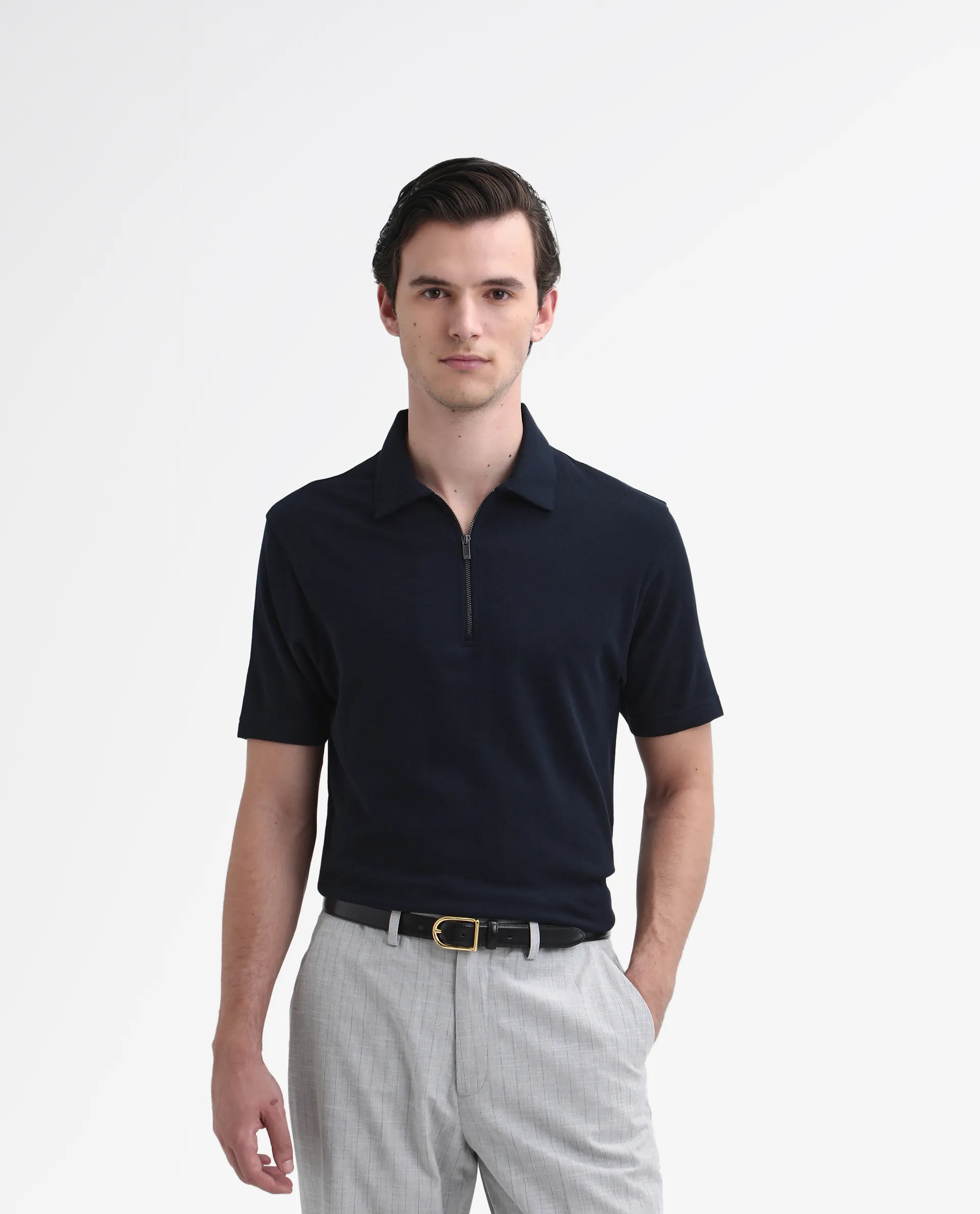 Rare Rabbit Men's Merkof Navy Cotton Plain Regular Fit Half Sleeve Polo - Image 4