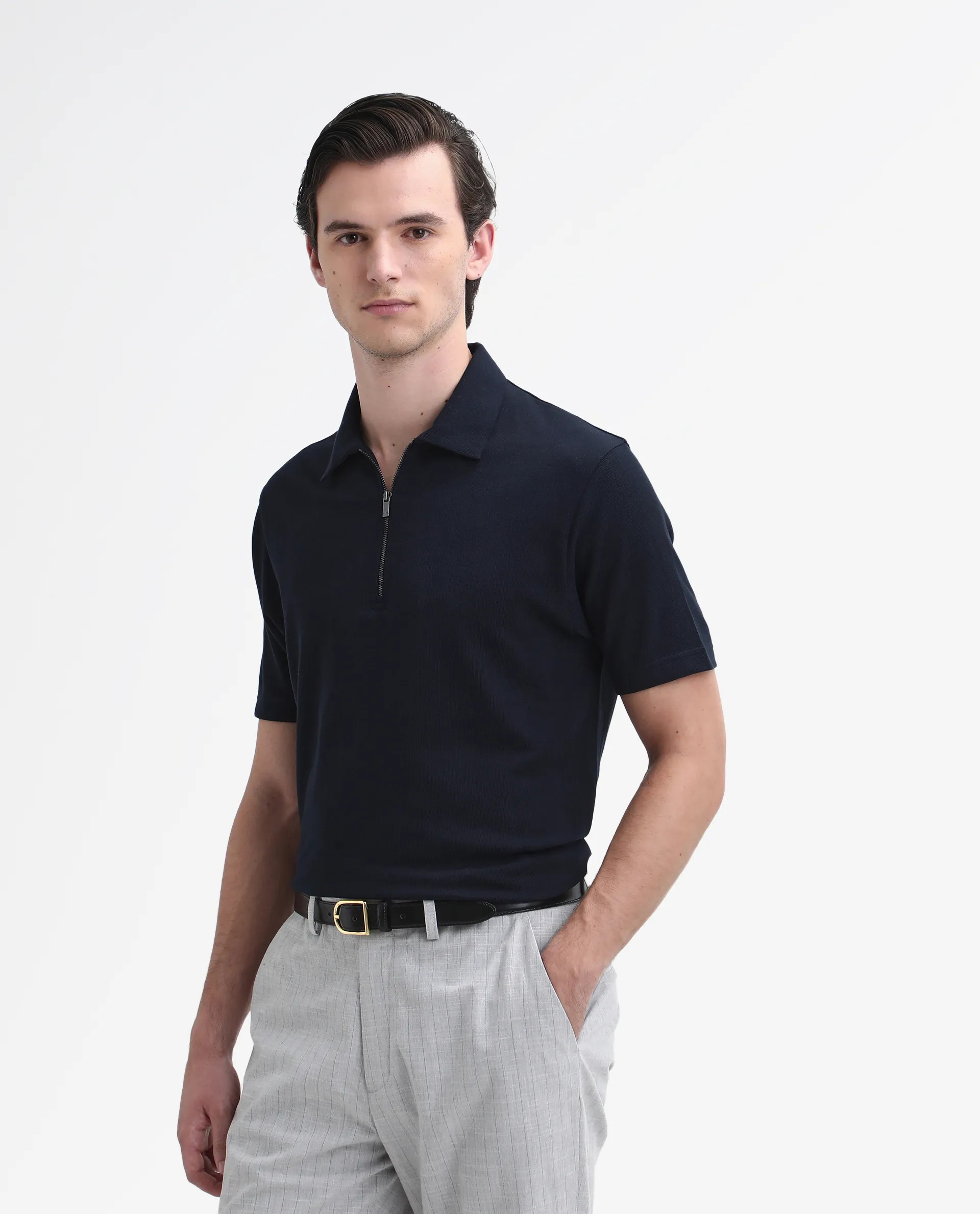 Rare Rabbit Men's Merkof Navy Cotton Plain Regular Fit Half Sleeve Polo - Image 5