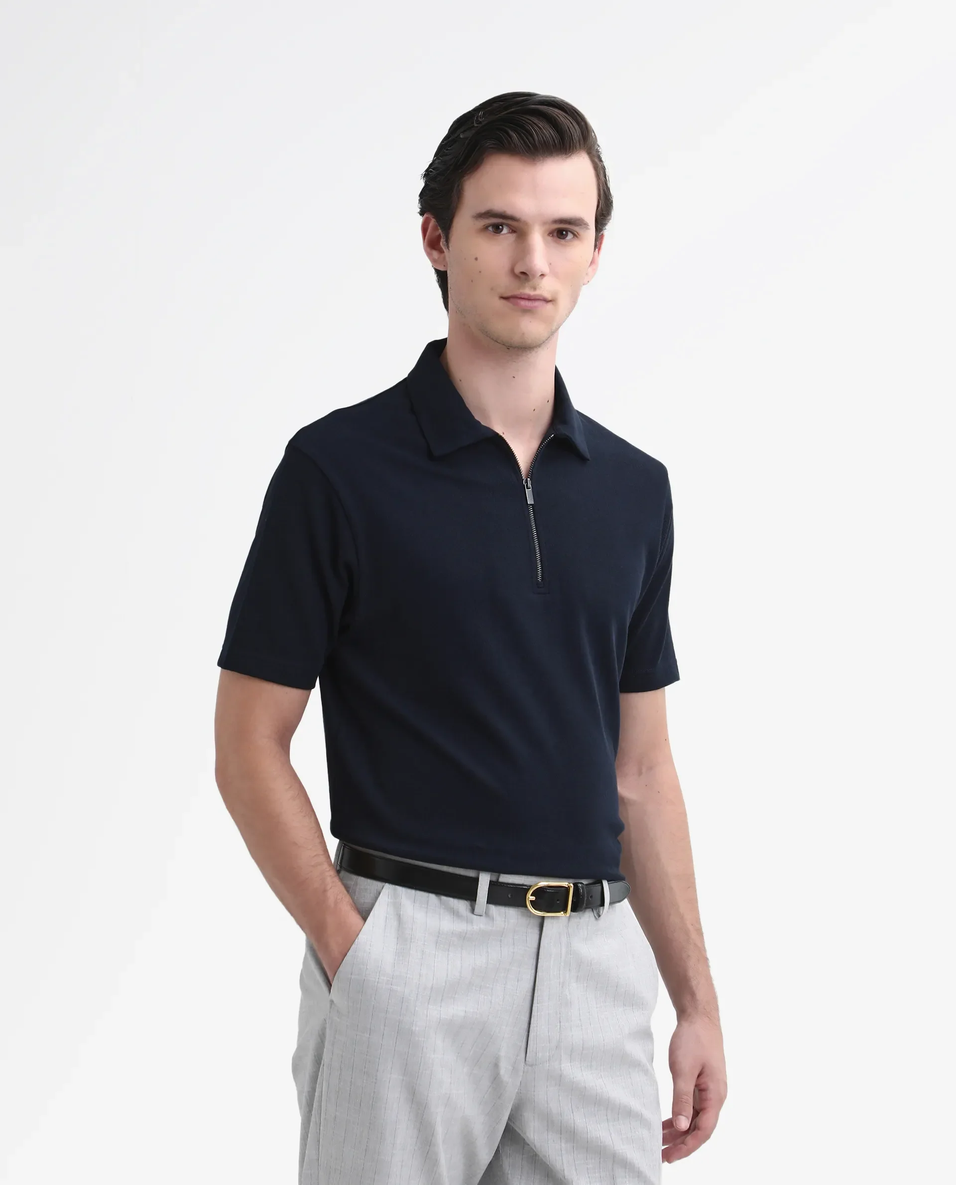 Rare Rabbit Men's Merkof Navy Cotton Plain Regular Fit Half Sleeve Polo - Image 6