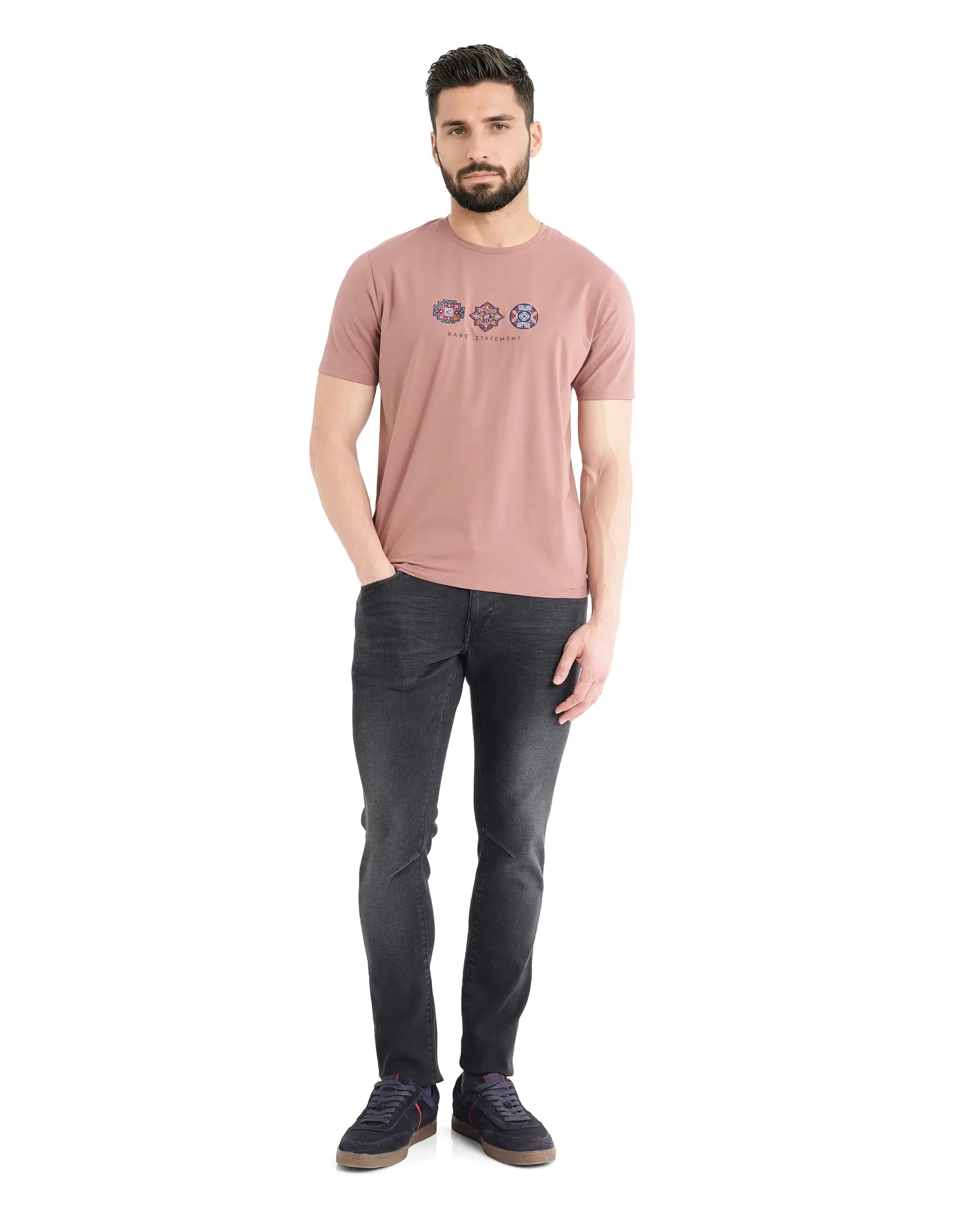 Rare Rabbit Men's Merlo Dusky Brown Cotton Blend Graphic Print Regular Fit Half Sleeve Crew Neck T-Shirt - Image 2