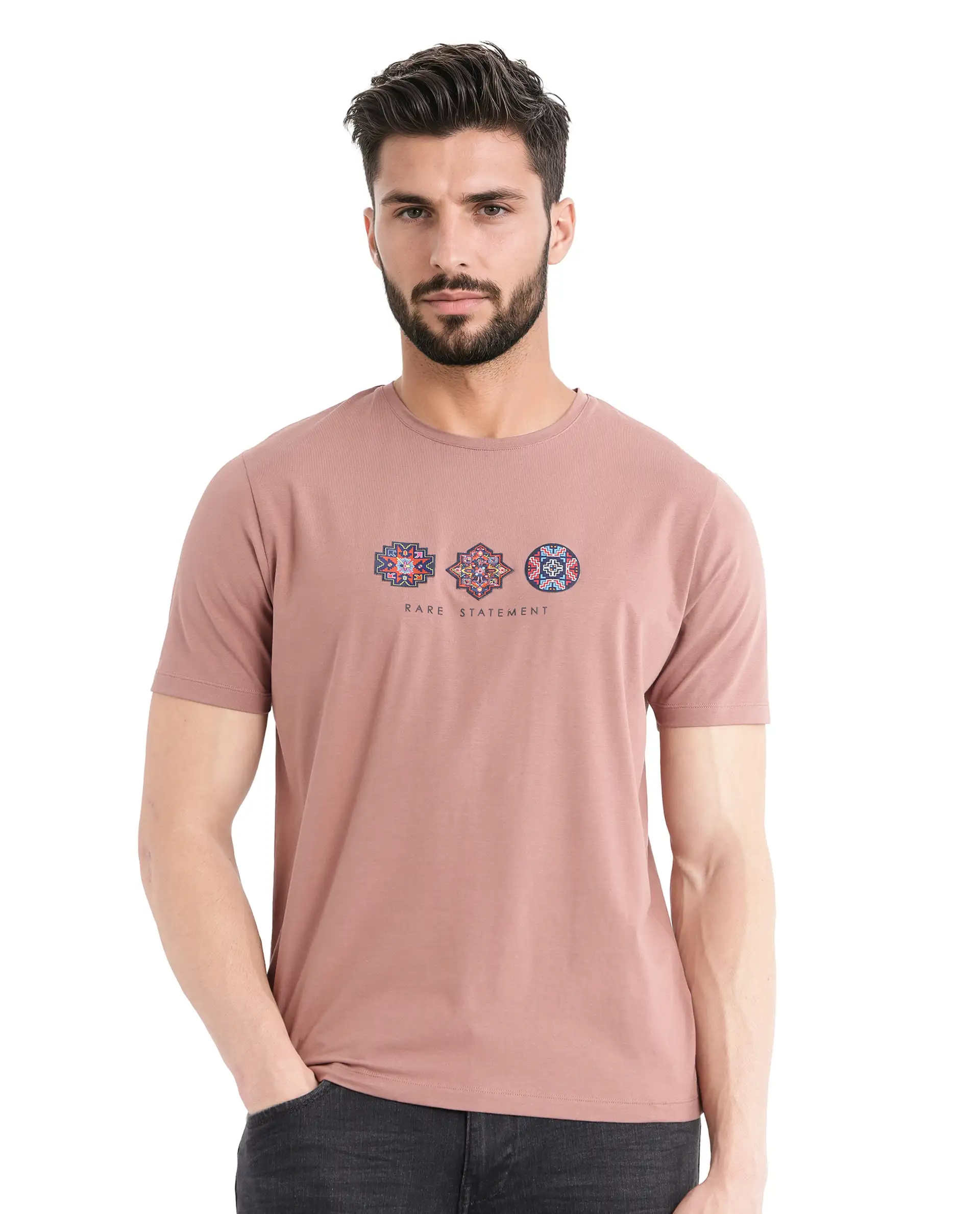 Rare Rabbit Men's Merlo Dusky Brown Cotton Blend Graphic Print Regular Fit Half Sleeve Crew Neck T-Shirt - Image 3