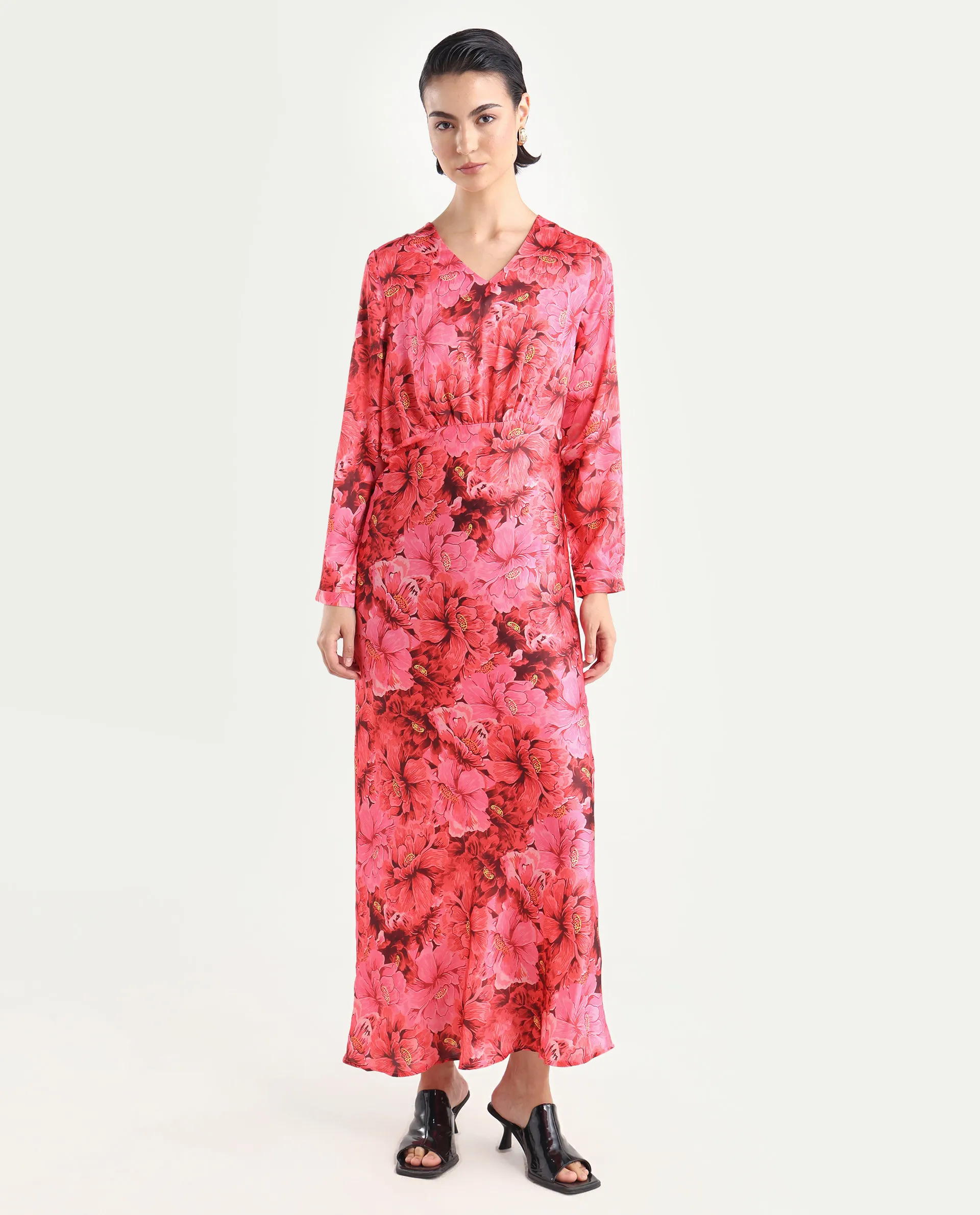 Rareism Women's Merlot Maroon Cotton V-Neck Floral Print Maxi Regular Fit Dress - Image 2