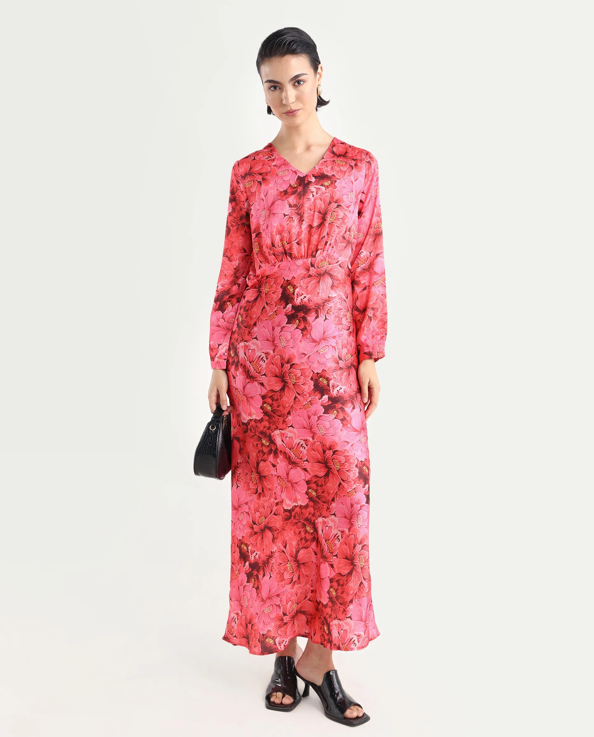 Rareism Women's Merlot Maroon Cotton V-Neck Floral Print Maxi Regular Fit Dress - Image 3