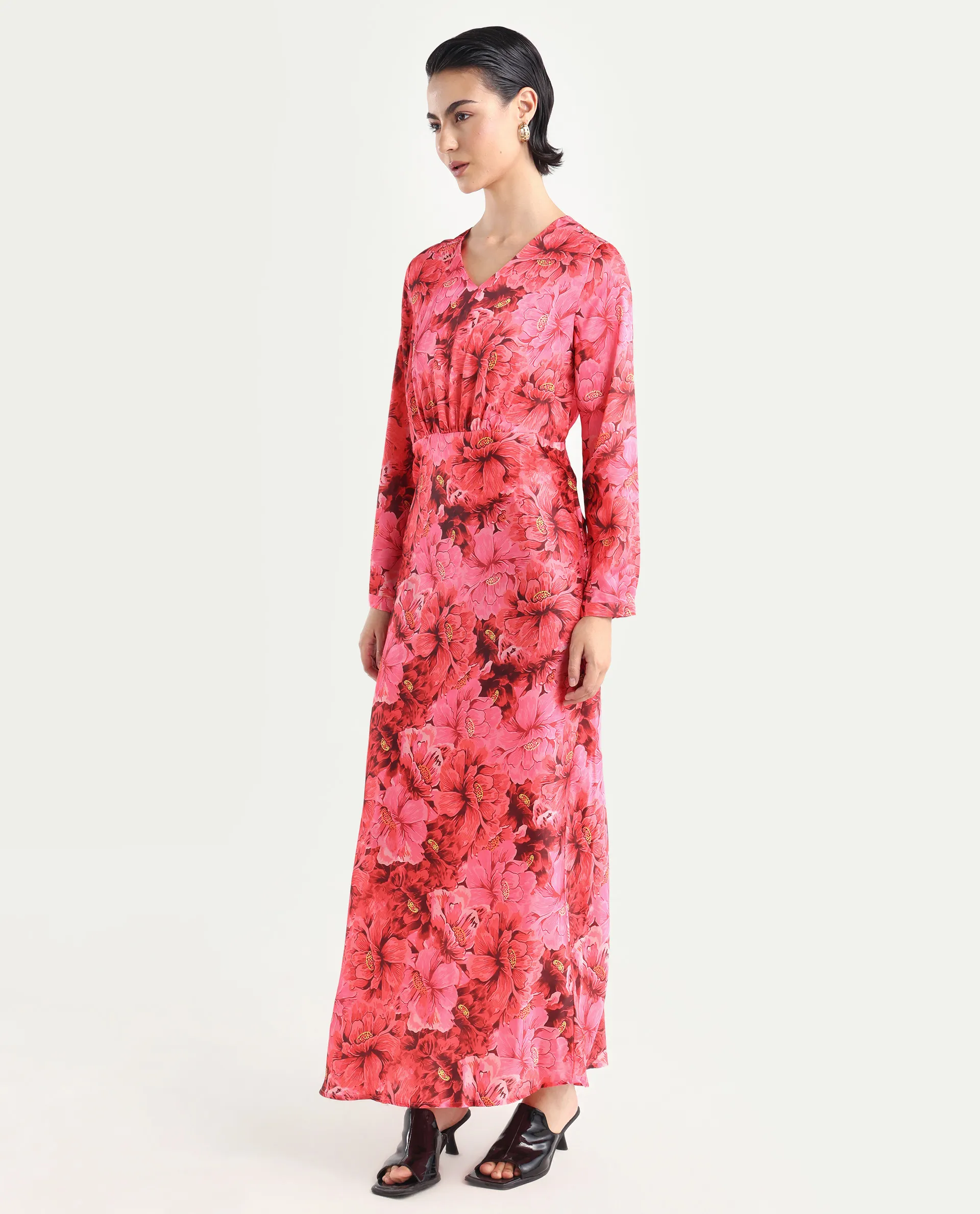 Rareism Women's Merlot Maroon Cotton V-Neck Floral Print Maxi Regular Fit Dress - Image 5