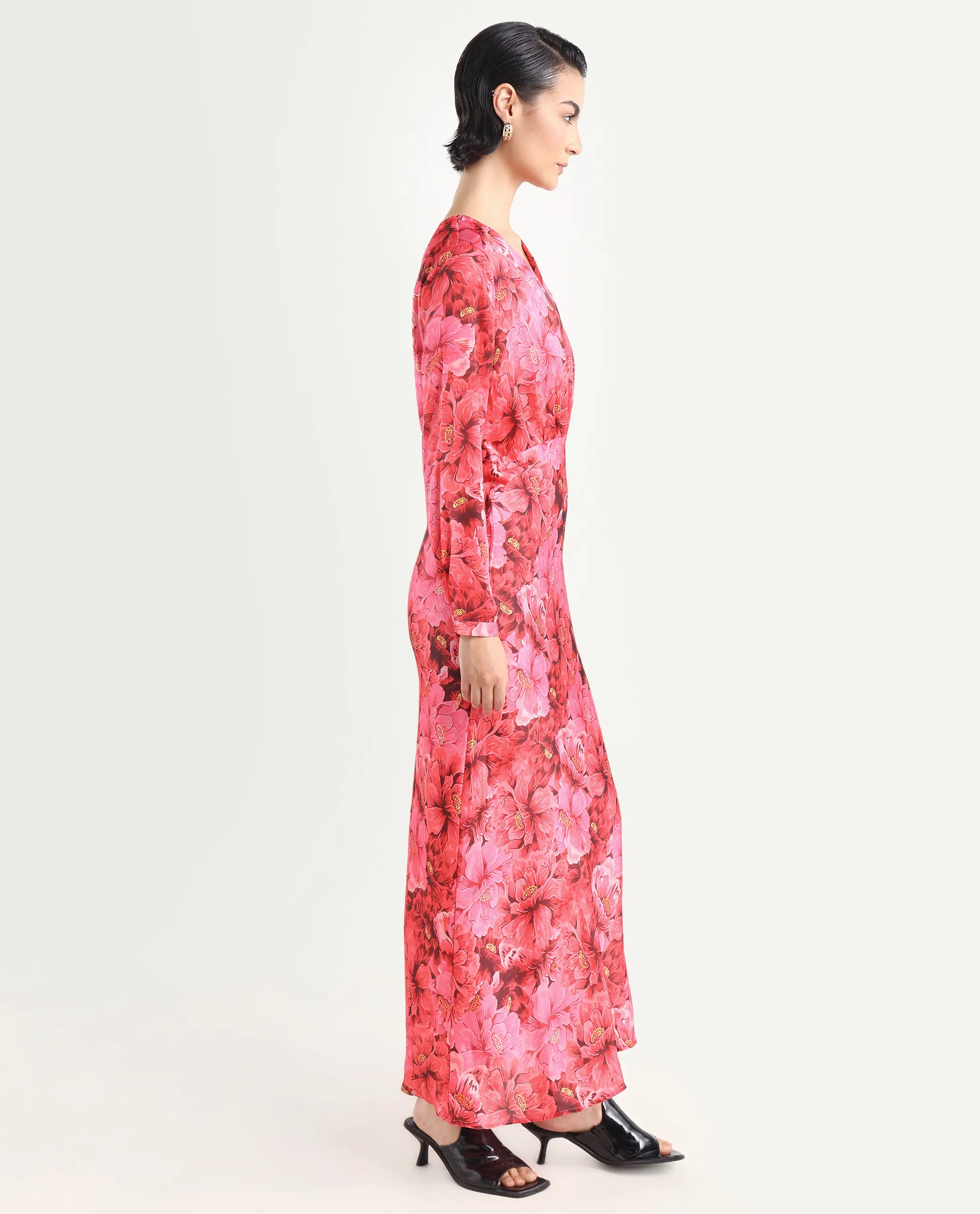 Rareism Women's Merlot Maroon Cotton V-Neck Floral Print Maxi Regular Fit Dress - Image 6