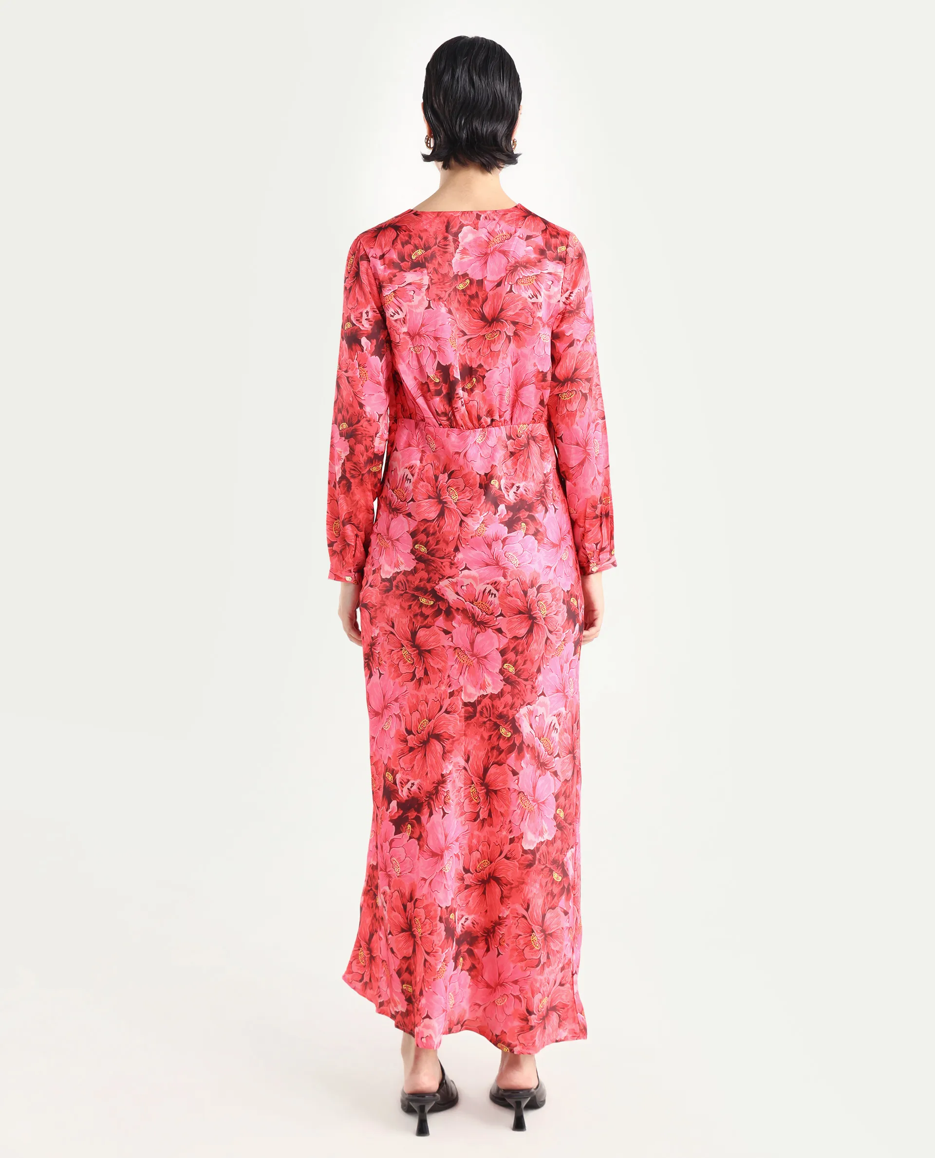 Rareism Women's Merlot Maroon Cotton V-Neck Floral Print Maxi Regular Fit Dress - Image 7