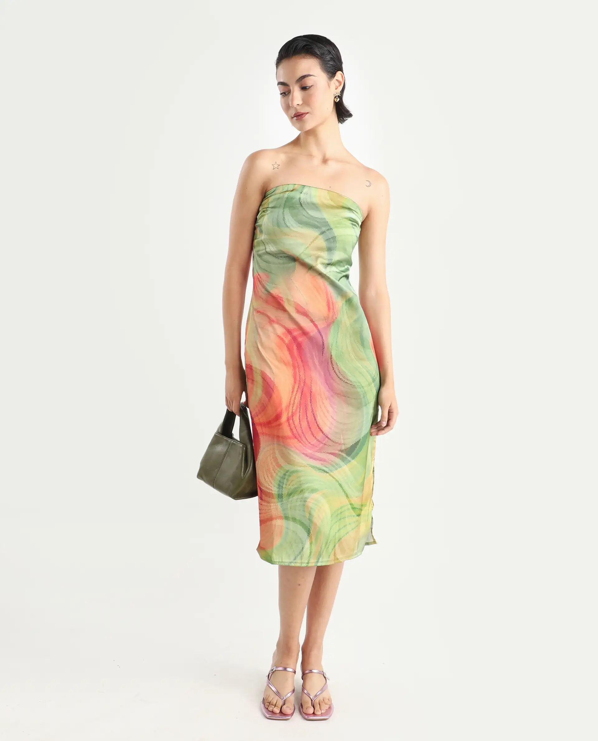 Rareism Women's Mermaid Multi Polyester Shoulder Strap Abstract Print Sleeveless Midi Bodycon Dress - Image 2