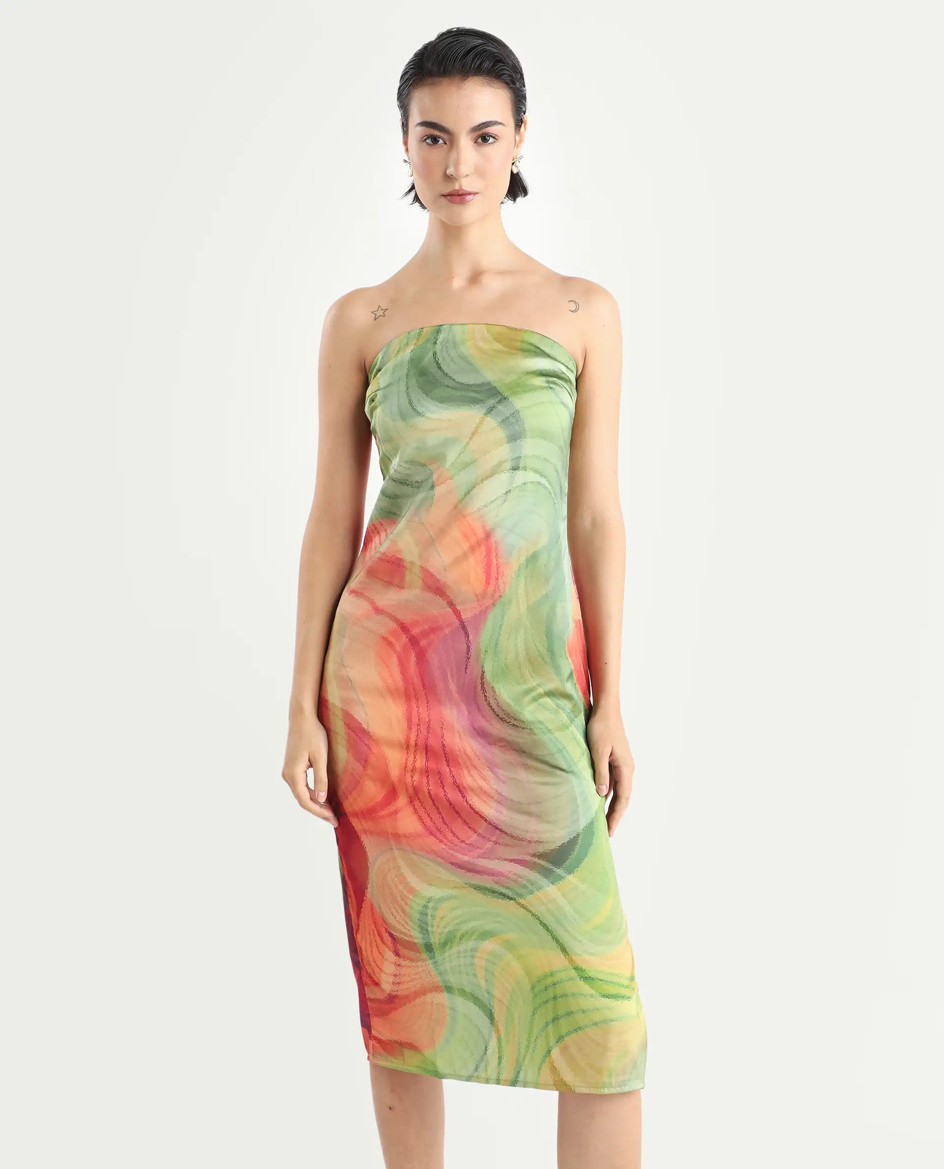 Rareism Women's Mermaid Multi Polyester Shoulder Strap Abstract Print Sleeveless Midi Bodycon Dress - Image 3