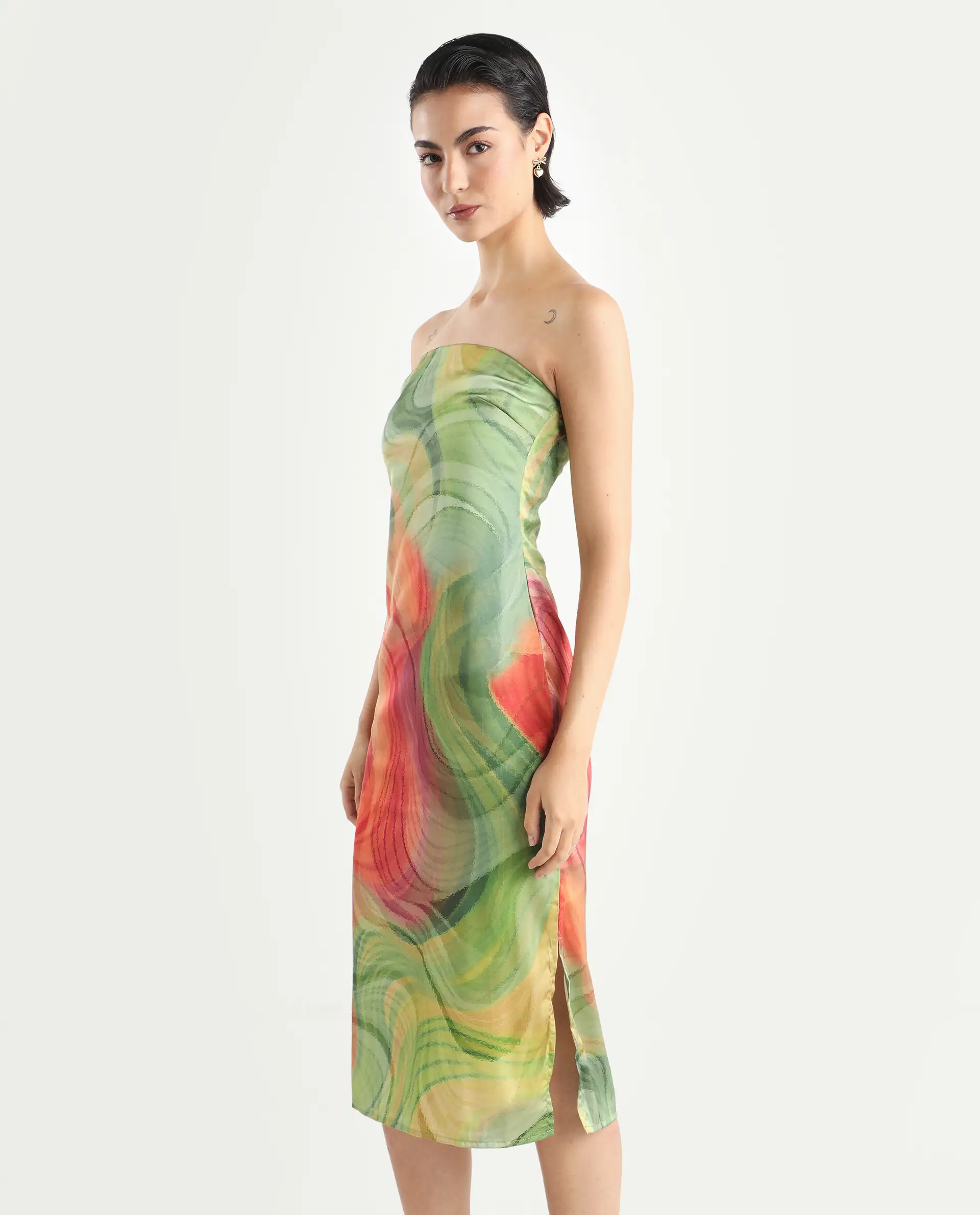 Rareism Women's Mermaid Multi Polyester Shoulder Strap Abstract Print Sleeveless Midi Bodycon Dress - Image 5