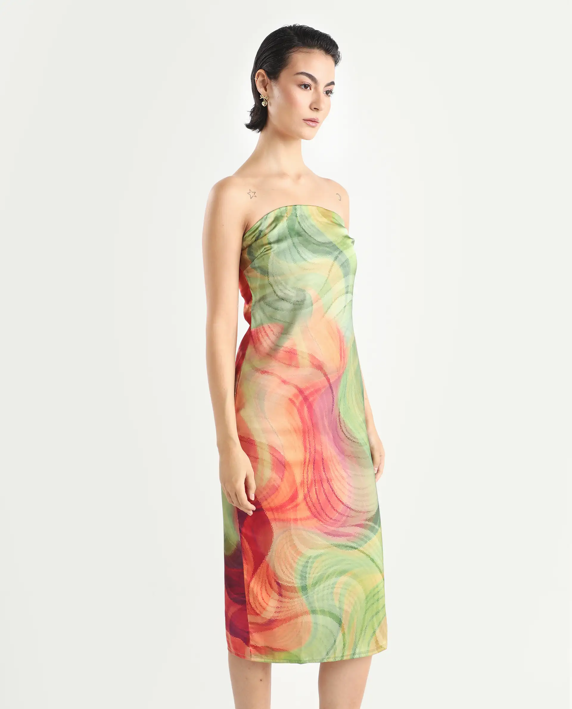 Rareism Women's Mermaid Multi Polyester Shoulder Strap Abstract Print Sleeveless Midi Bodycon Dress - Image 6