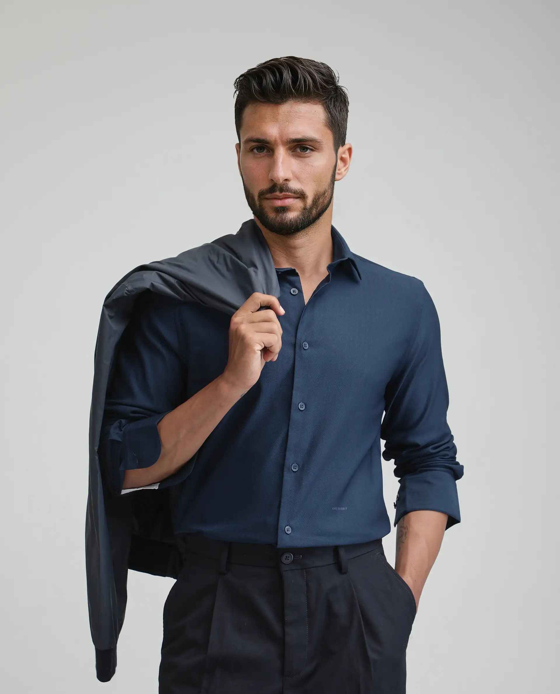Rare Rabbit Men's Mero-25 Dark Blue Viscose Blend Plain Regular Fit Full Sleeve Collared Shirt - Image 2